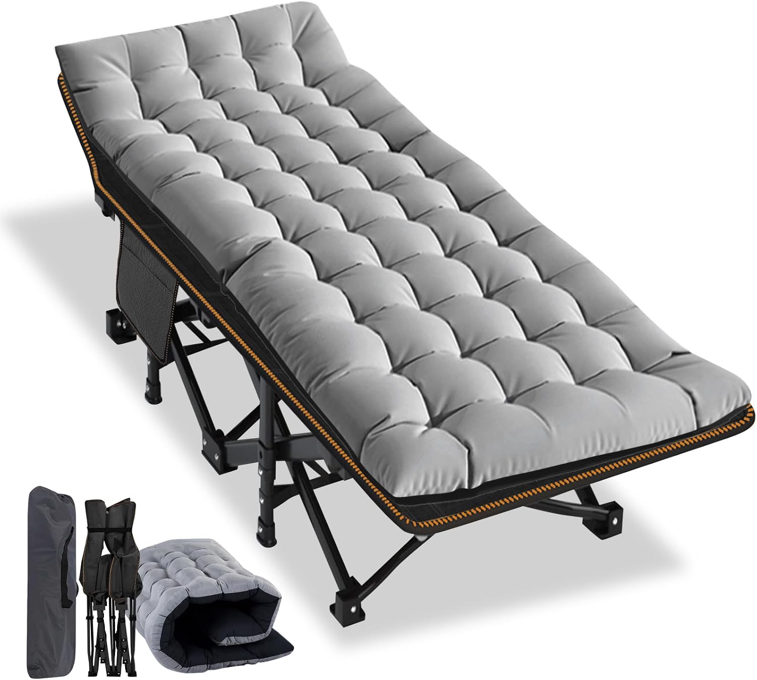 Heavy-duty folding camping cot with rust-proof steel frame and tough 1200D Oxford fabric, supporting 900lbs. Fast 10-second setup, removable dual-colour mattress and portable design for indoor and outdoor sleeping.