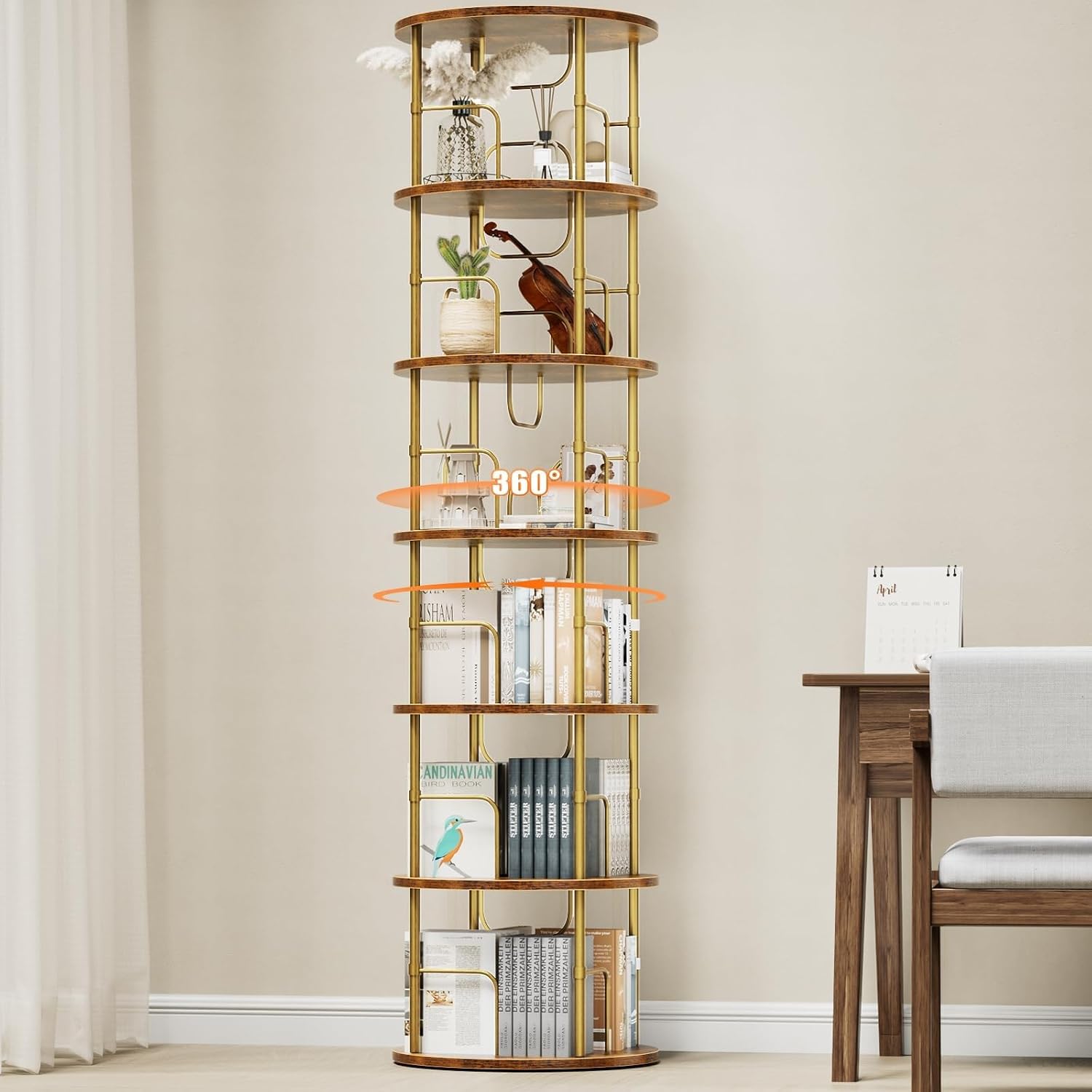 360‑degree rotating 5‑tier bookshelf crafted from robust MDF with metal frame. Customisable assembly, large capacity for books and decor, rounded safe edges, ideal storage for living rooms and bedrooms.