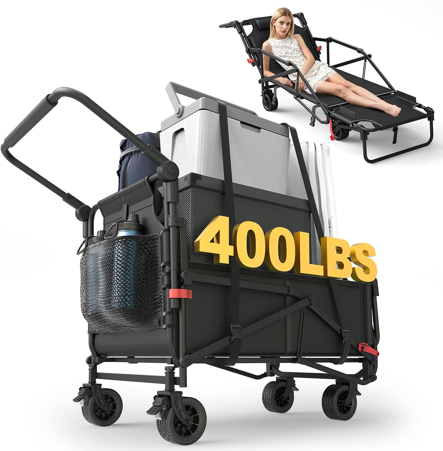 2‑in‑1 utility wagon‑to‑beach‑chair combo, high‑strength alloy frame, large capacity, tough 600D Oxford fabric and smooth all‑terrain 360° swivel wheels for outdoors.