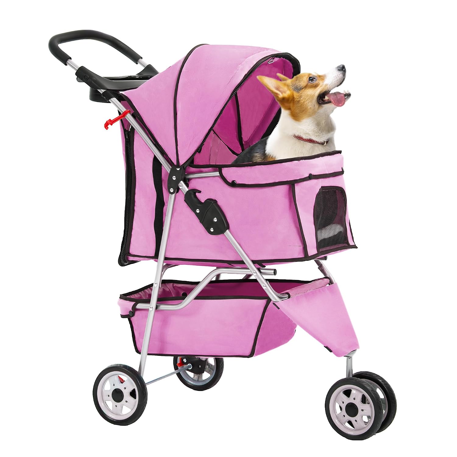 Lightweight foldable pet stroller with waterproof Oxford fabric, breathable mesh, safety brakes and storage space, ideal for walking, jogging and travelling with small dogs and cats.