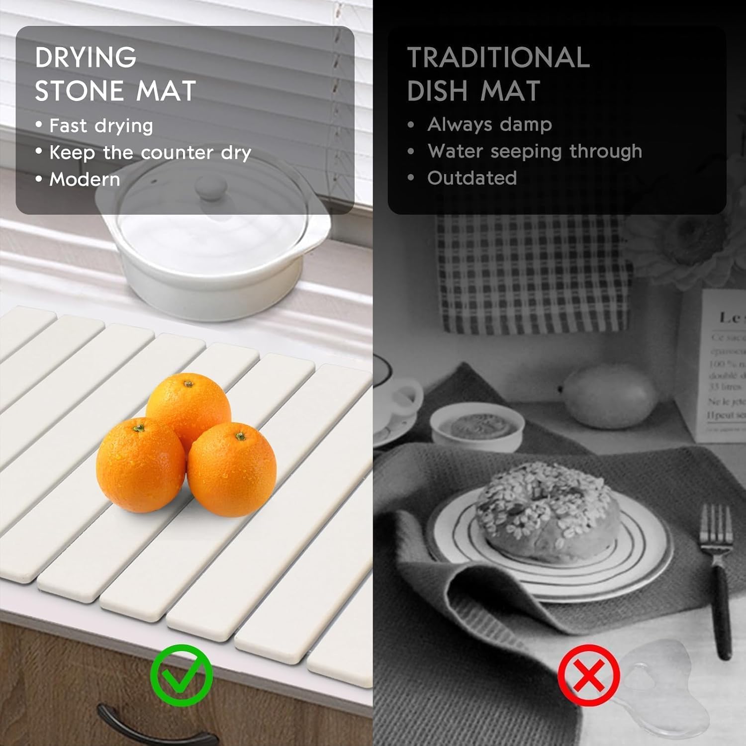 Large foldable diatomaceous‑earth dish drying mat, highly absorbent and quick‑drying, eco‑friendly design for cups, bottles and tableware, suits most kitchen countertops.