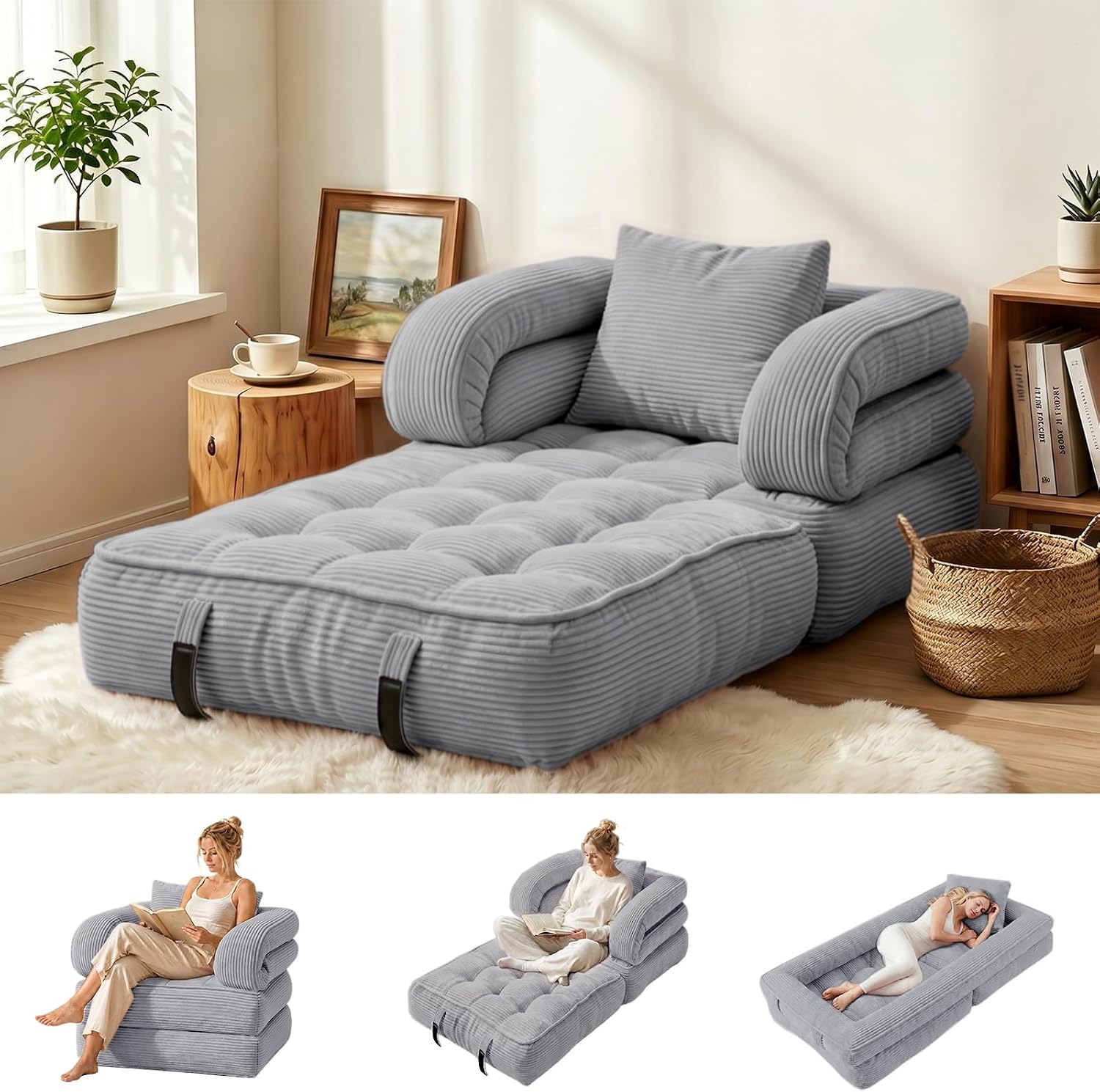 Dark‑green corduroy 3‑in‑1 foldable futon sofa bed, convertible sleeper chair with armrests and pillow for compact living‑room and bedroom use.