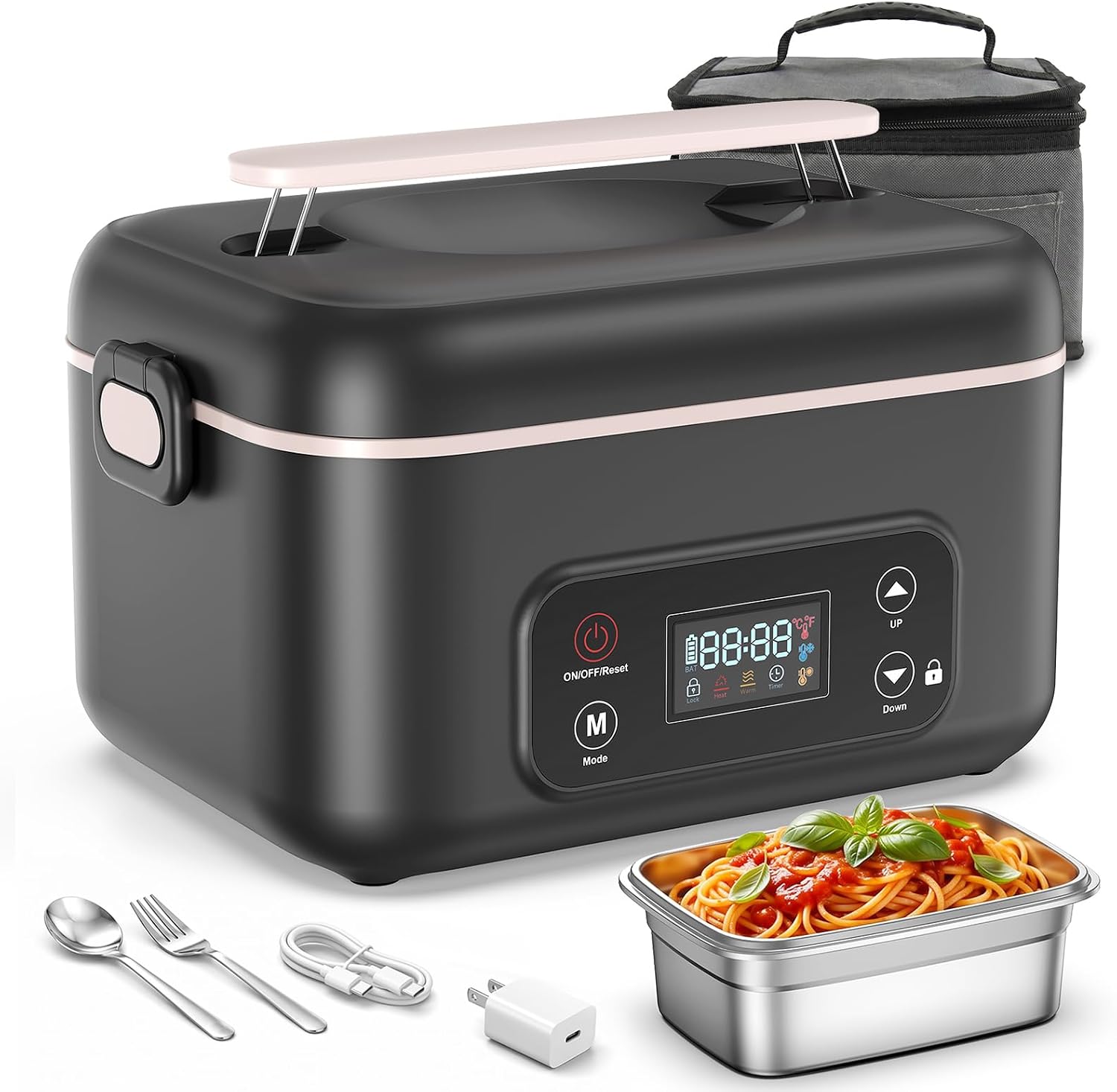 Cordless rechargeable heated lunch box with 5‑sided even heating, programmable timer and safety lock, for hot meals anywhere without wall or car power sockets.