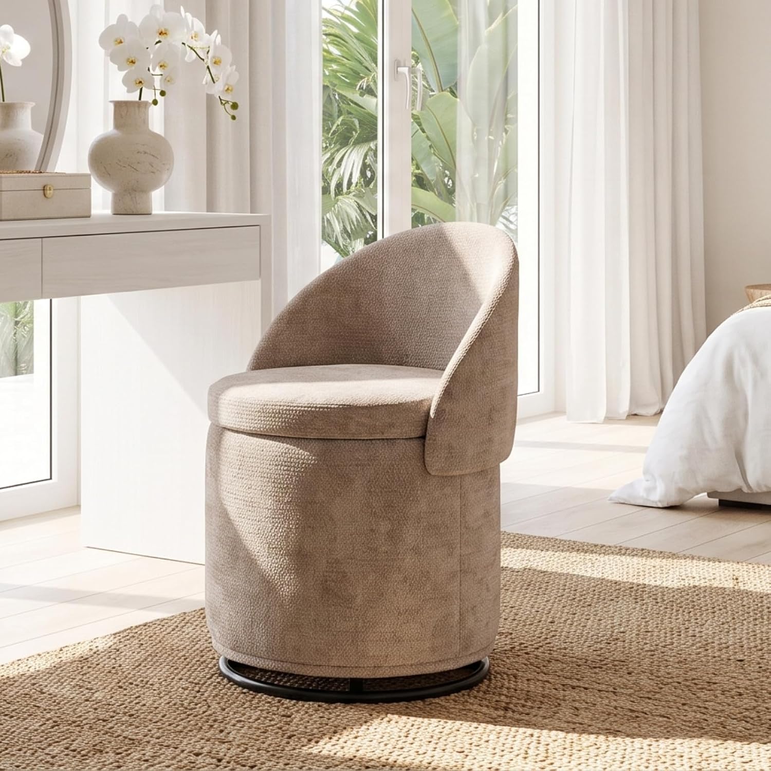 Plush sherpa swivel vanity ottoman with hidden storage, 360° rotating base, stylish compact makeup seat for bedroom and living‑room use.