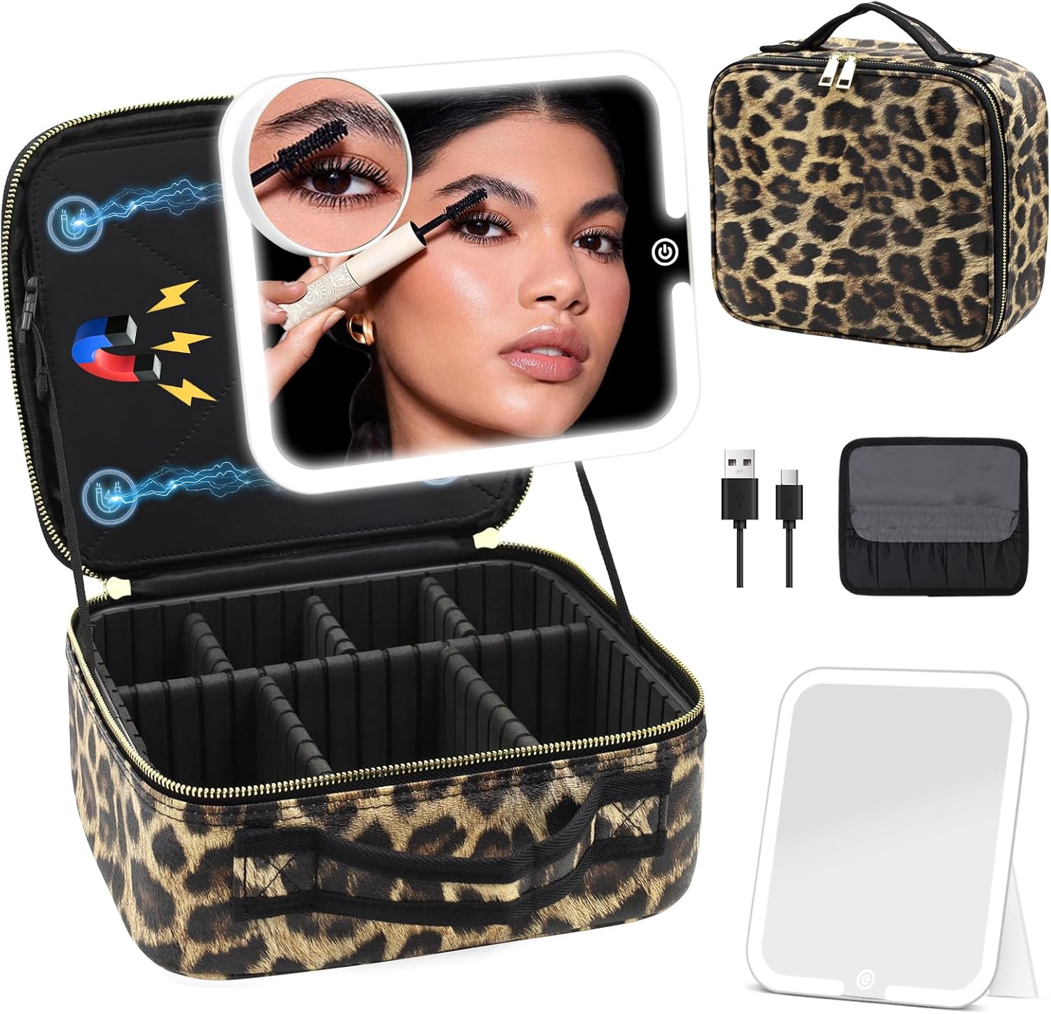 Travel‑friendly lighted makeup bag with detachable magnetic LED mirror, adjustable compartments, waterproof PU, perfect for travel and gifting.