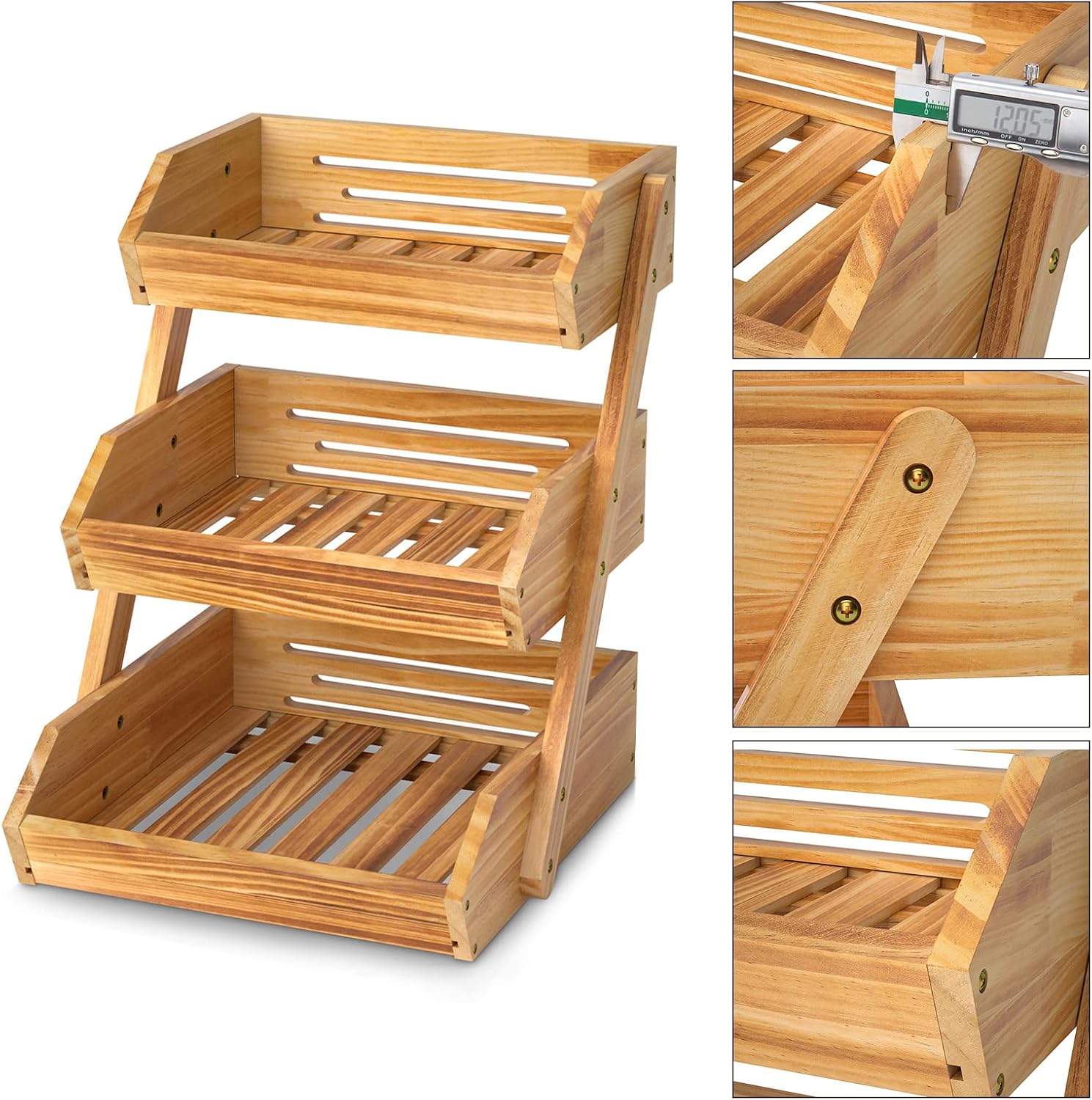 This spacious natural bamboo fruit storage rack creates an eye‑catching kitchen centrepiece, holding fruit, vegetables and bread with quick simple assembly.