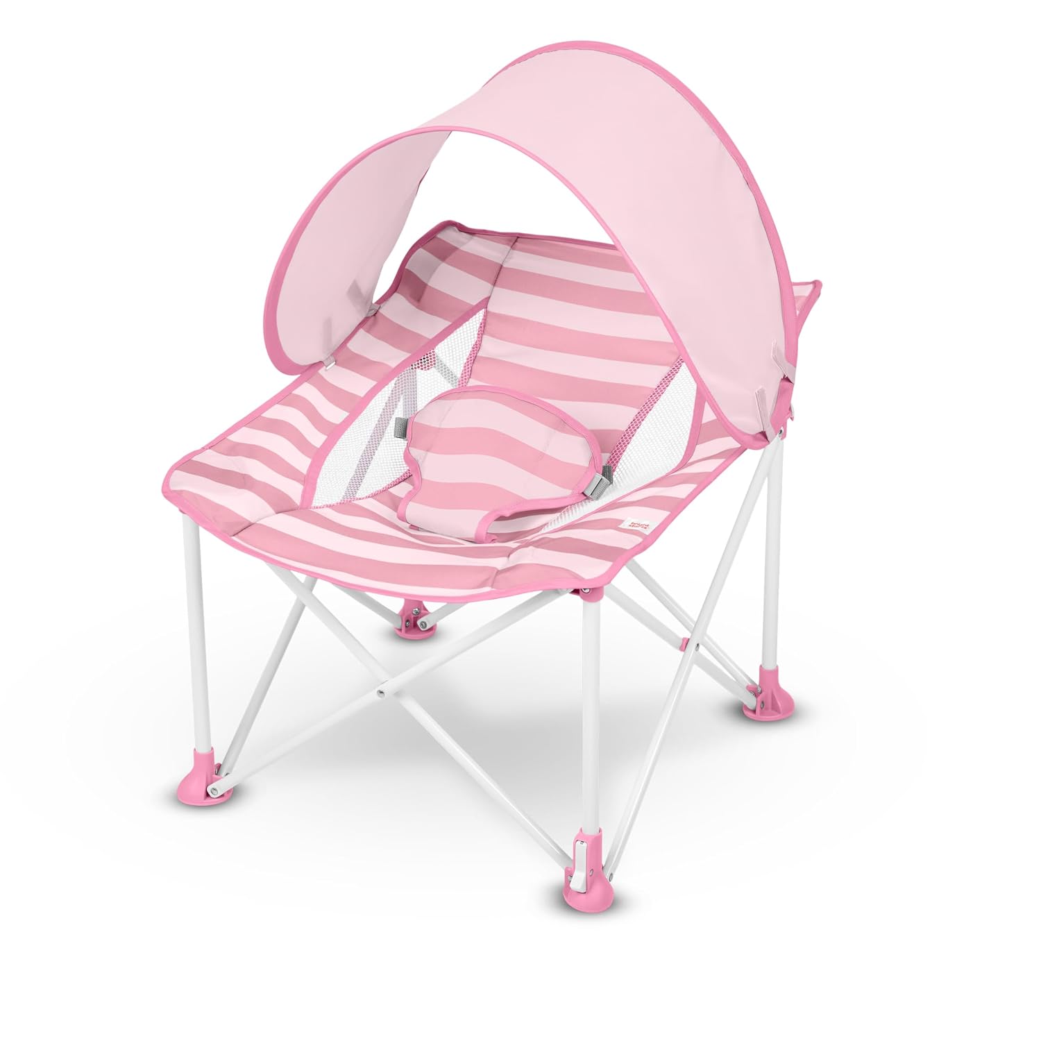 Lightweight fold‑away baby travel seat supplied with carry bag, UPF50+ sun canopy and 3‑point harness, breathable mesh plus removable machine‑washable seat pad.