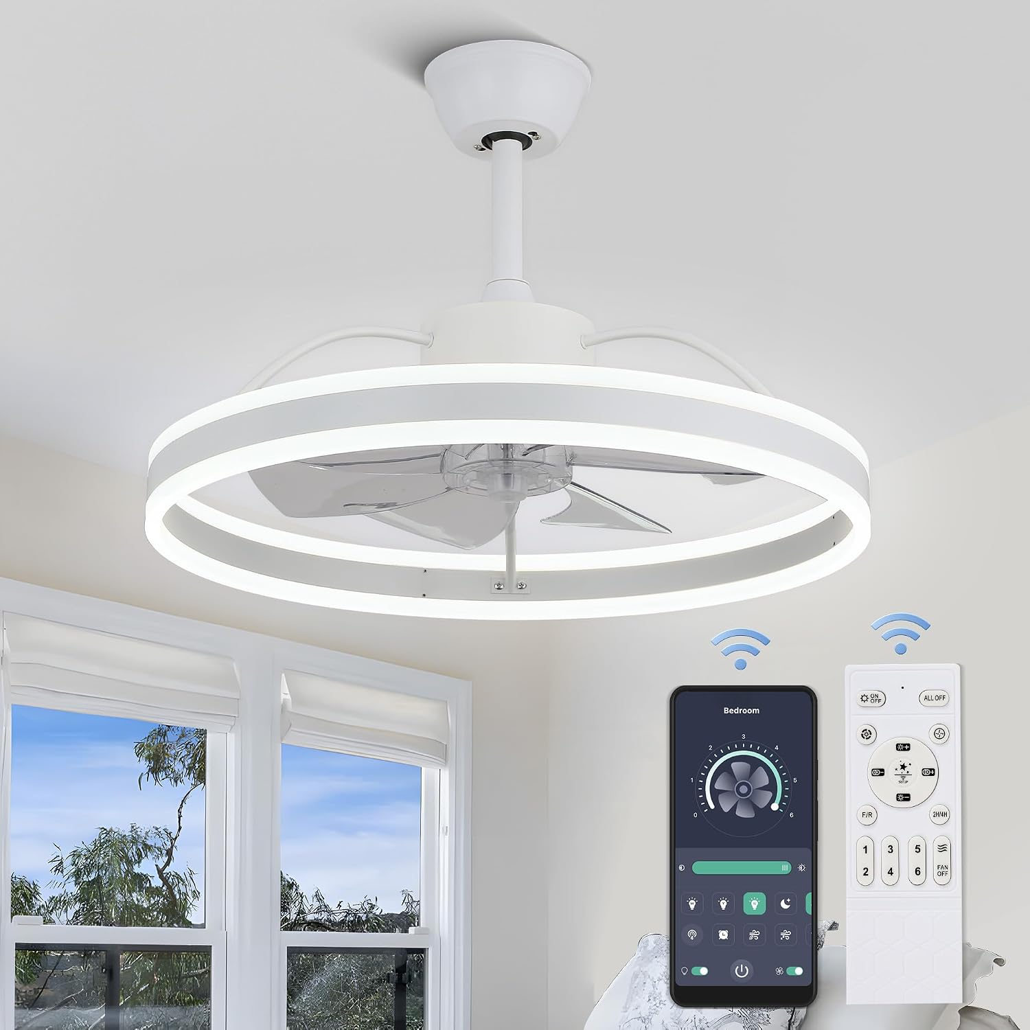 Low‑profile 2‑in‑1 flush‑mount ceiling fan with dimmable 3‑colour APP‑controlled LED light, reversible six‑speed motor, perfect for rooms with low ceilings.