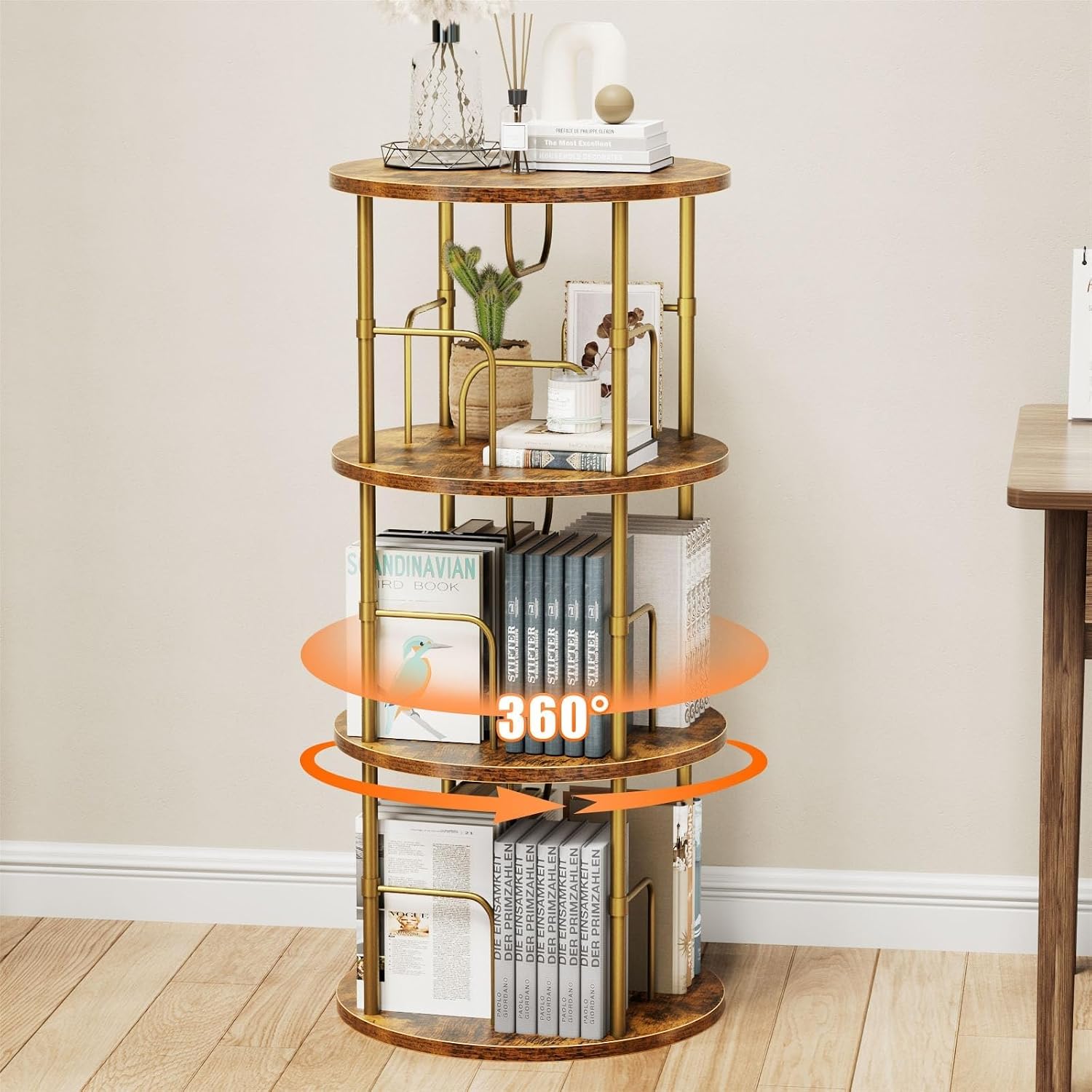 360‑degree rotating 5‑tier bookshelf crafted from robust MDF with metal frame. Customisable assembly, large capacity for books and decor, rounded safe edges, ideal storage for living rooms and bedrooms.