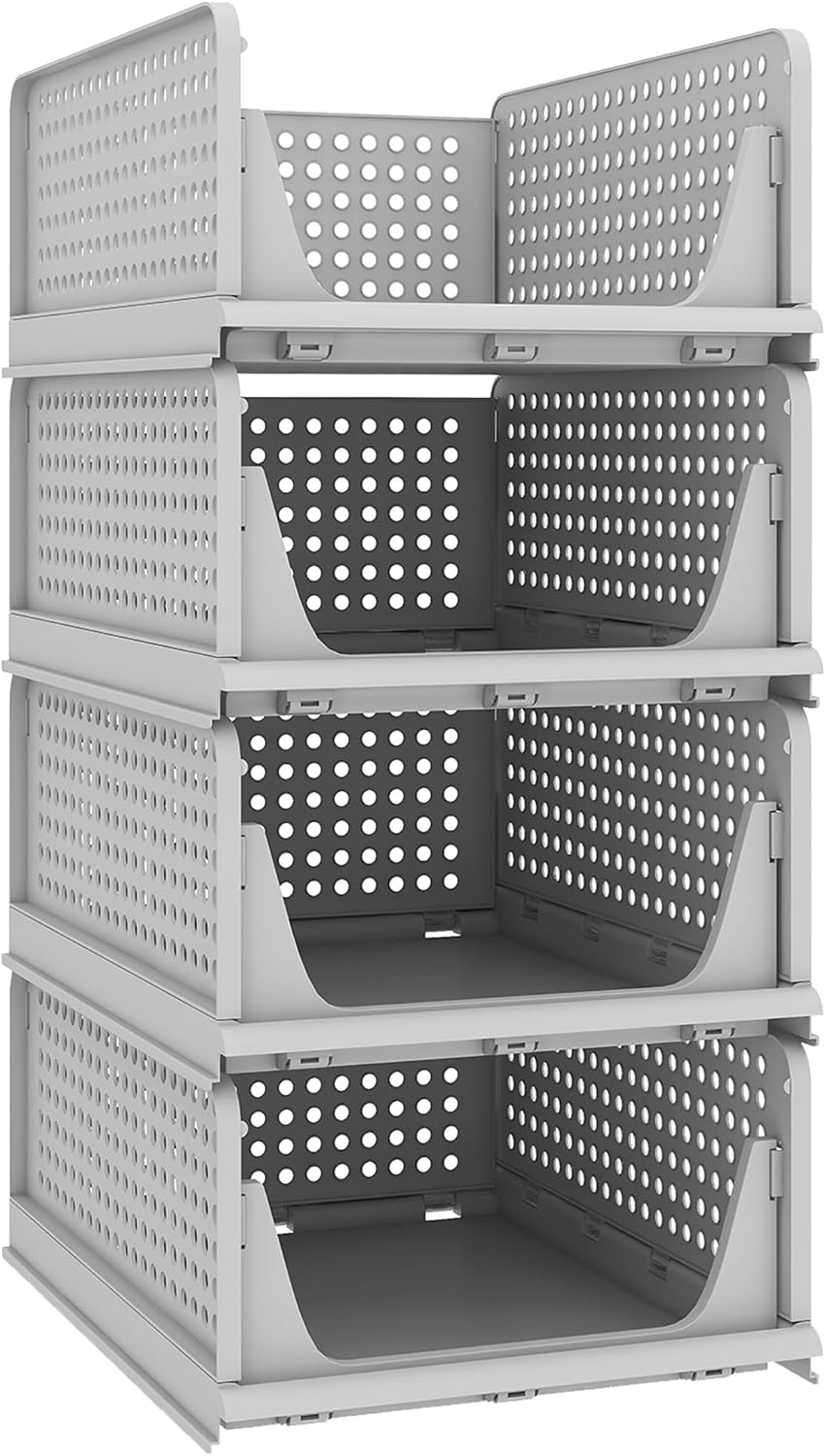 stackable plastic storage baskets, multi‑use closet organisers for bedrooms, bathrooms, RVs and playrooms to keep clothes neatly arranged.