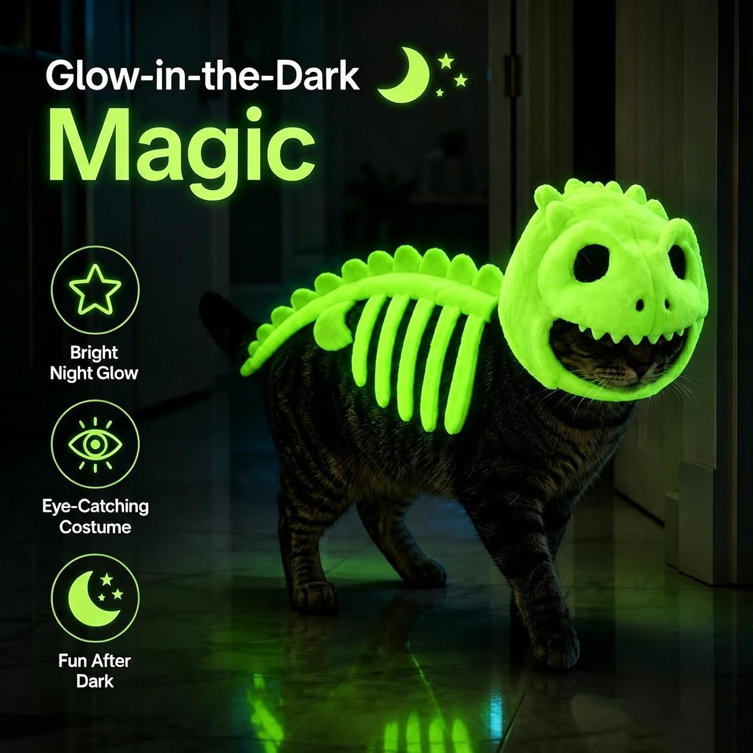 Soft plush glow‑in‑the‑dark dinosaur skeleton hooded outfit, fun eye‑catching Halloween costume ideal for cats for party and photo moments.