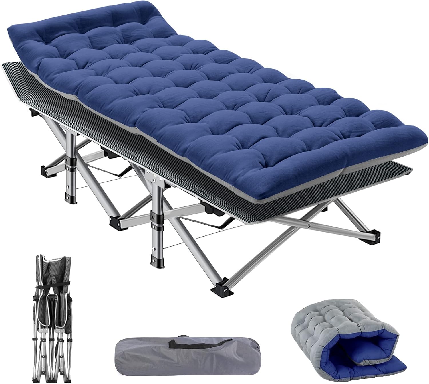 Heavy-duty folding camping cot with rust-proof steel frame and tough 1200D Oxford fabric, supporting 900lbs. Fast 10-second setup, removable dual-colour mattress and portable design for indoor and outdoor sleeping.
