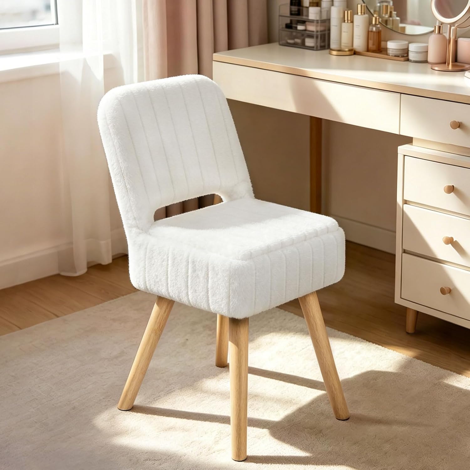 `Faux Rabbit Fur Vanity Stool with Storage & Folding Backrest, Solid Wood Leg Small Makeup Ottoman Chair for Bedroom Closet, White`