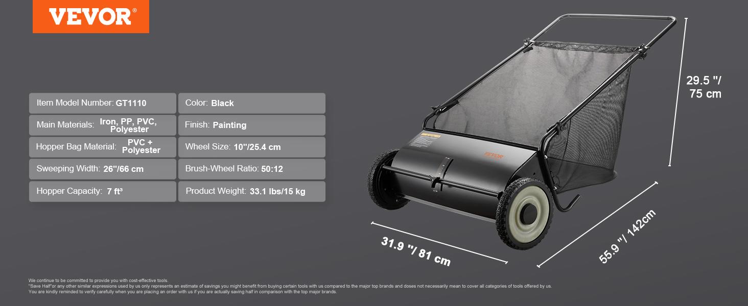 【toolupgrade】VEVOR Push Lawn Sweeper 26 Inch Leaf & Grass CollectorStrong Rubber Wheels & Heavy Duty Thickened Steel Durable to Use with Large Capacity 7 ft&sup3; Mesh Collection Bag4 Spinning Brushes