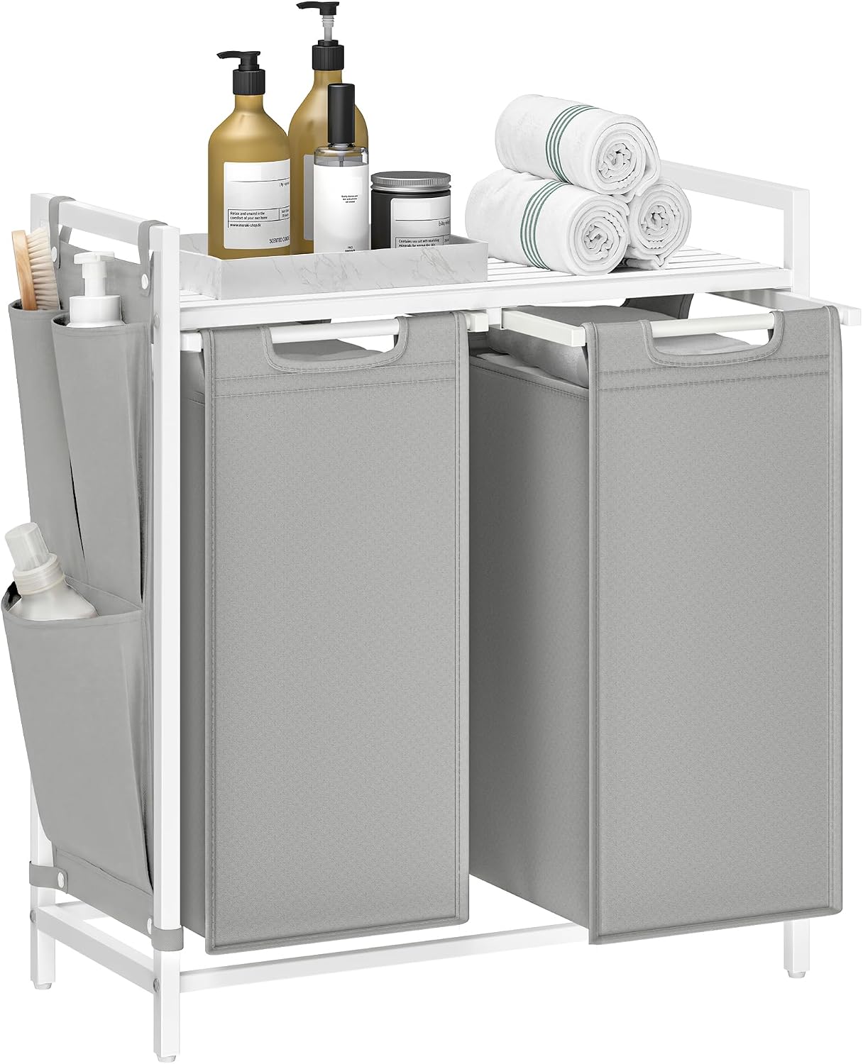 Laundry hamper with ventilated top shelf, removable washable fabric bags, robust steel‑MDF frame holding 44 lbs and adjustable feet for tidy bedroom, bathroom and utility‑room storage.