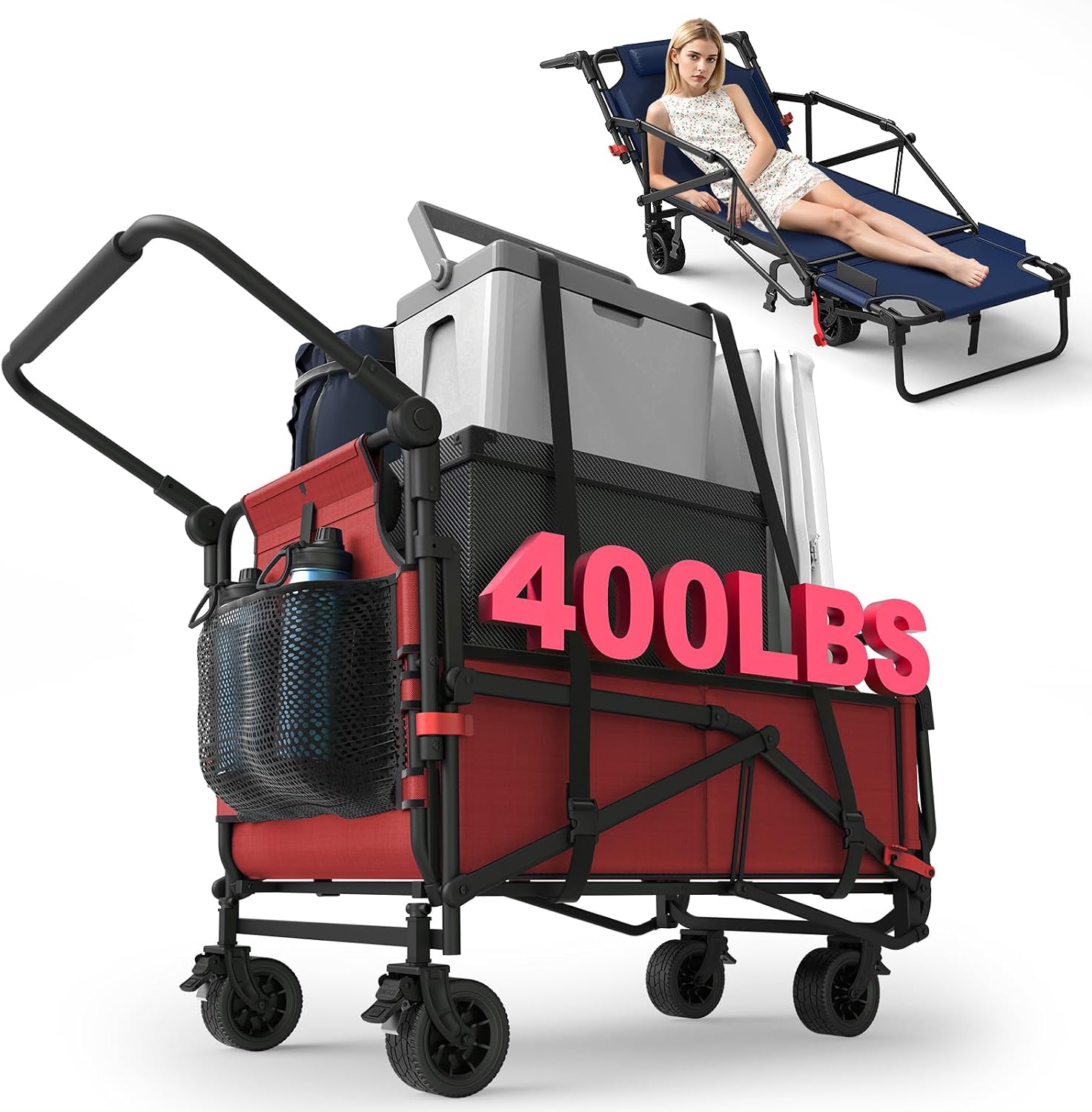 2‑in‑1 utility wagon‑to‑beach‑chair combo, high‑strength alloy frame, large capacity, tough 600D Oxford fabric and smooth all‑terrain 360° swivel wheels for outdoors.