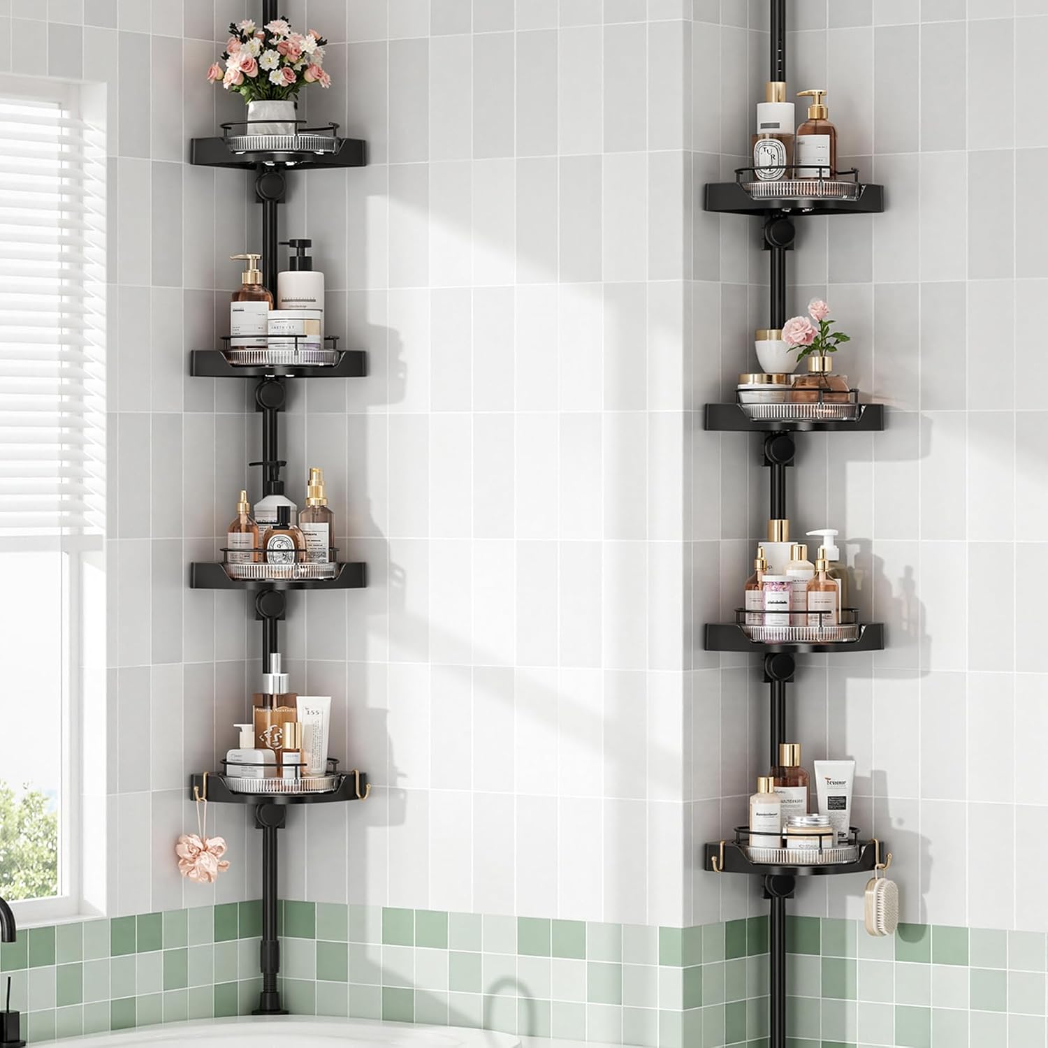 Upgraded rust‑proof tension shower caddy, 360° rotating shelves with hooks, tool‑free fitting for bathroom corner storage.