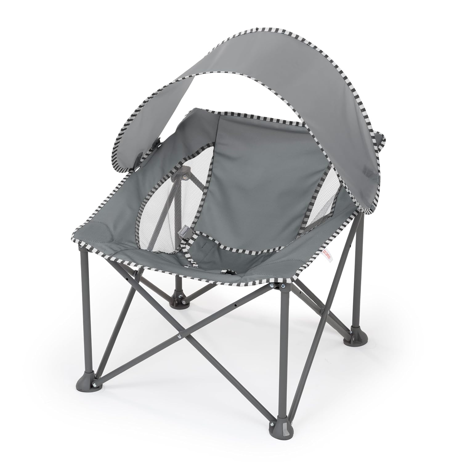 Lightweight fold‑away baby travel seat supplied with carry bag, UPF50+ sun canopy and 3‑point harness, breathable mesh plus removable machine‑washable seat pad.