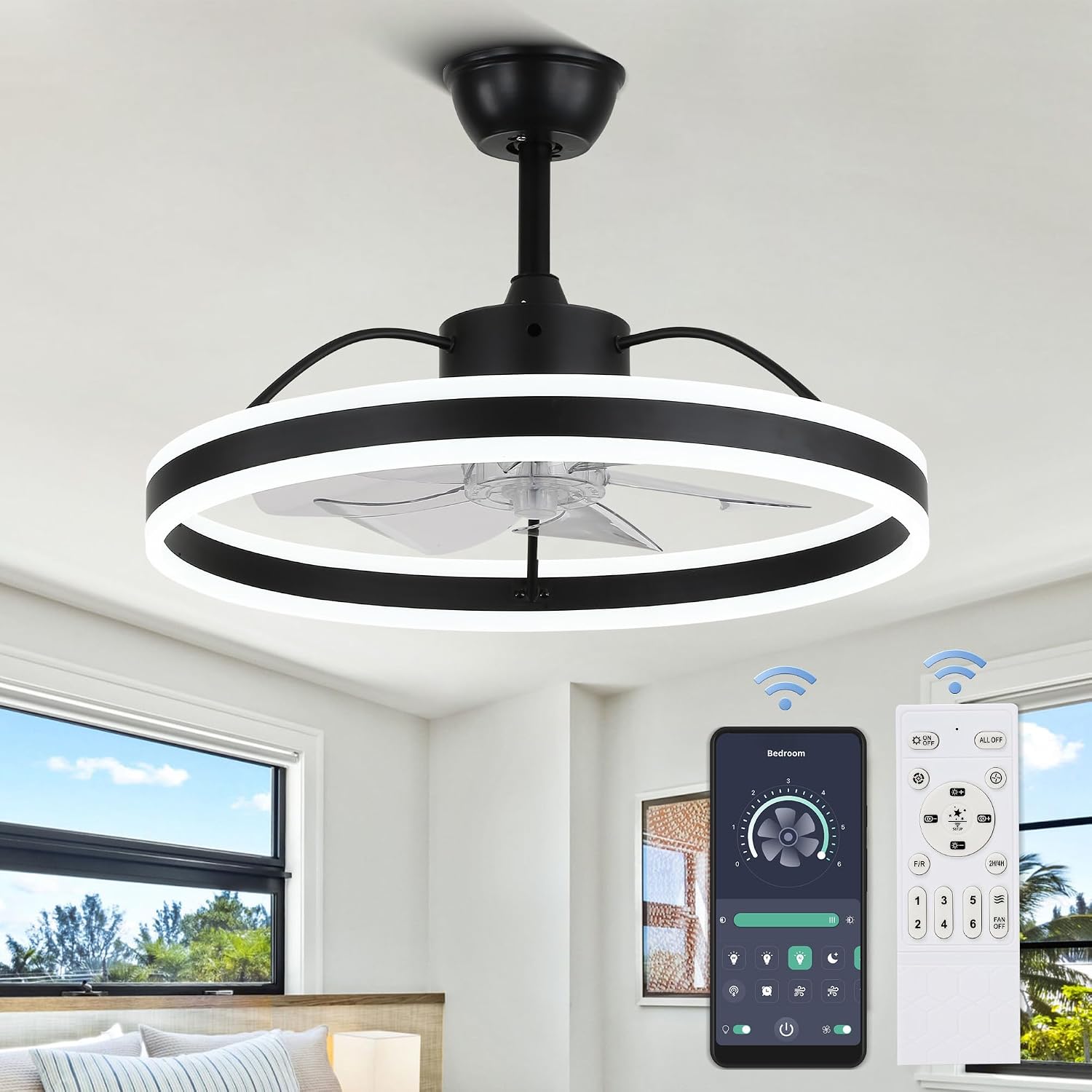 Low‑profile 2‑in‑1 flush‑mount ceiling fan with dimmable 3‑colour APP‑controlled LED light, reversible six‑speed motor, perfect for rooms with low ceilings.