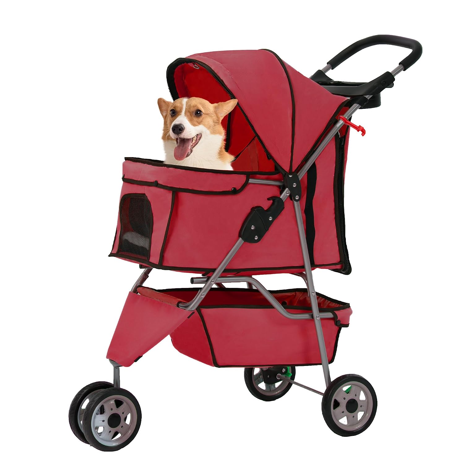 Lightweight foldable pet stroller with waterproof Oxford fabric, breathable mesh, safety brakes and storage space, ideal for walking, jogging and travelling with small dogs and cats.