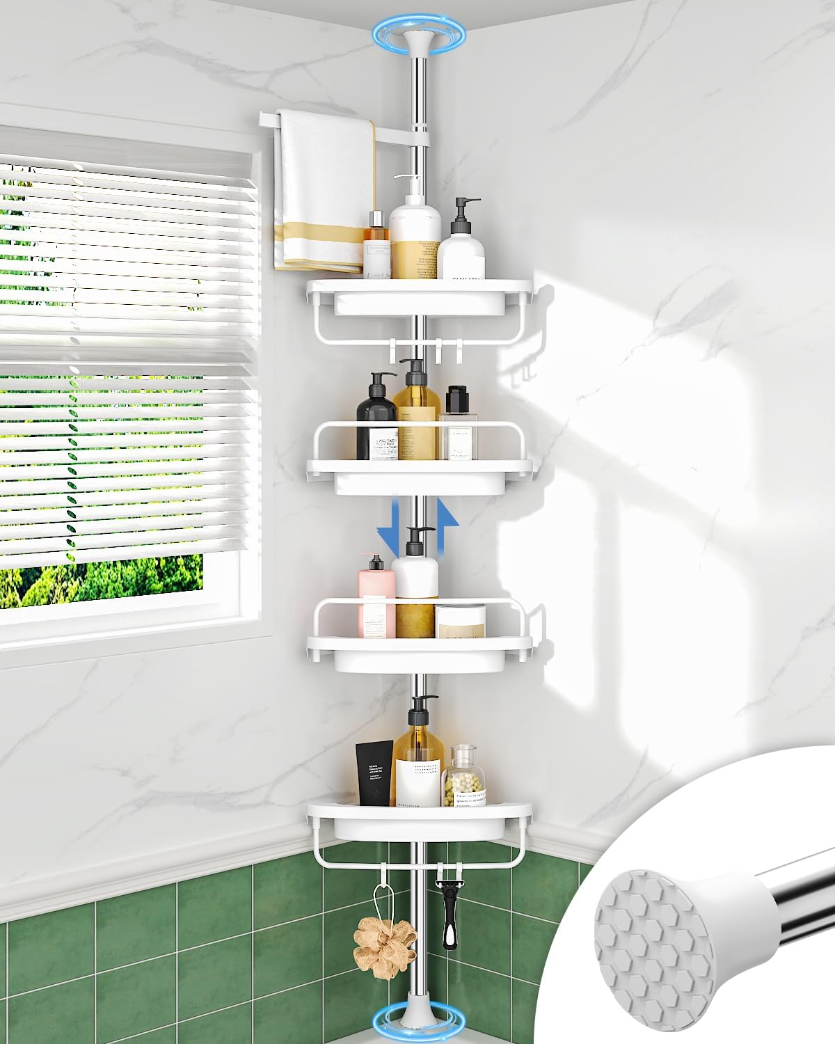 Rust‑proof corner shower caddy with 304 stainless‑steel tension pole, four large draining shelves, tool‑free fit for bathroom toiletries storage. 