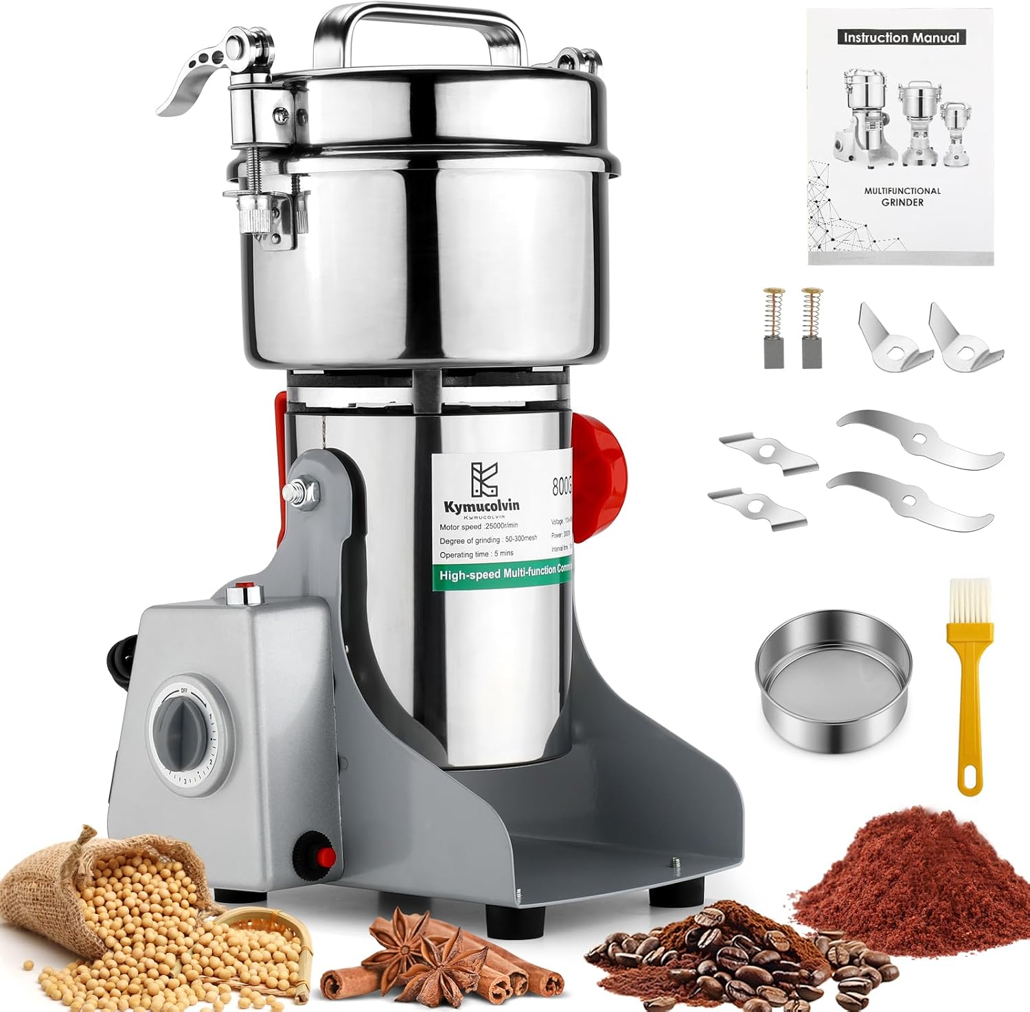 3000W high‑speed swing‑design electric grinder, 800g capacity with safety cut‑out, for fine dry grain, spice and powder making at home or small kitchens.