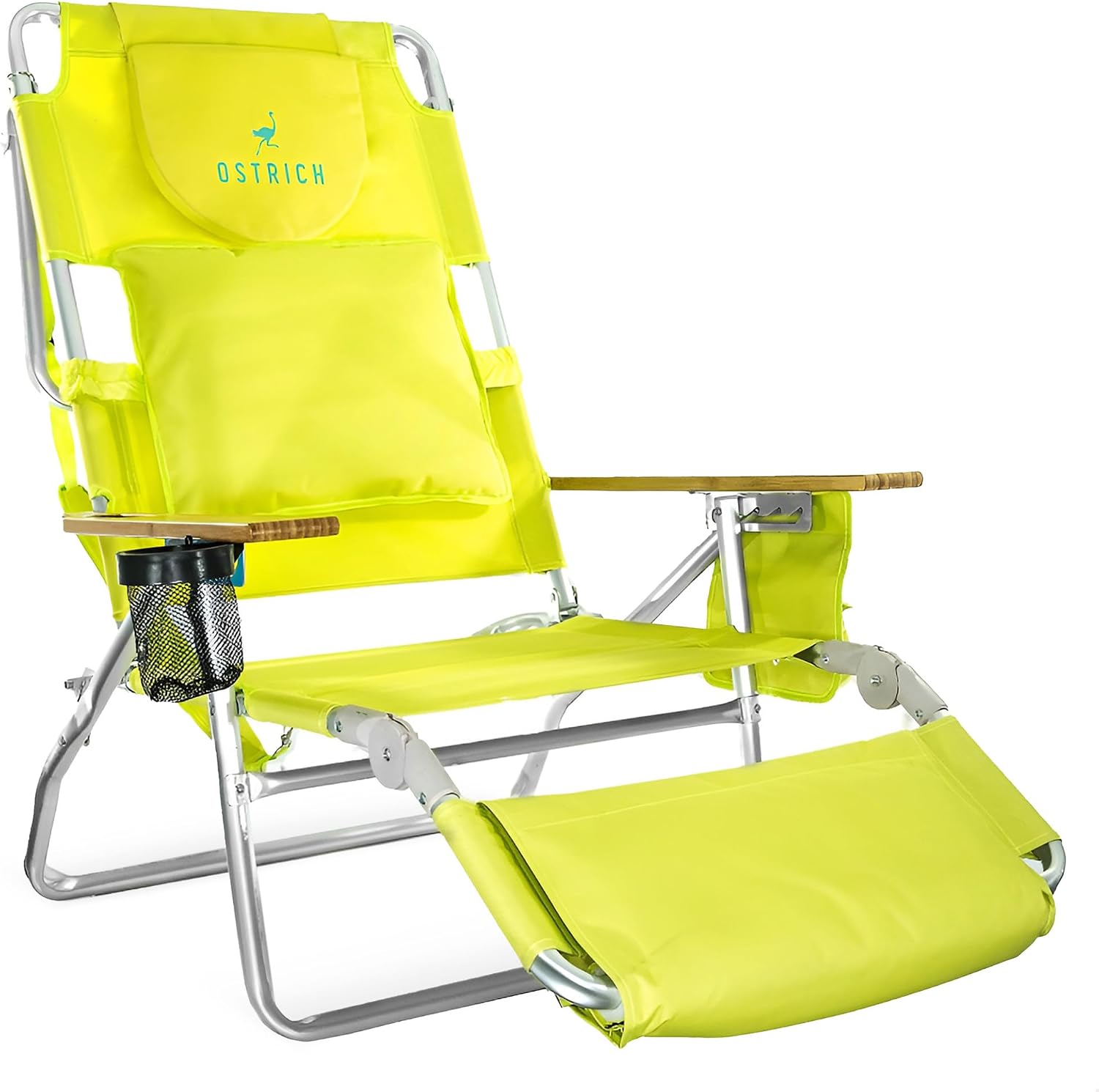 Portable reclining beach chair with face‑down feature, aluminium frame, cup holder and storage pockets for outdoor lounging and camping trips.