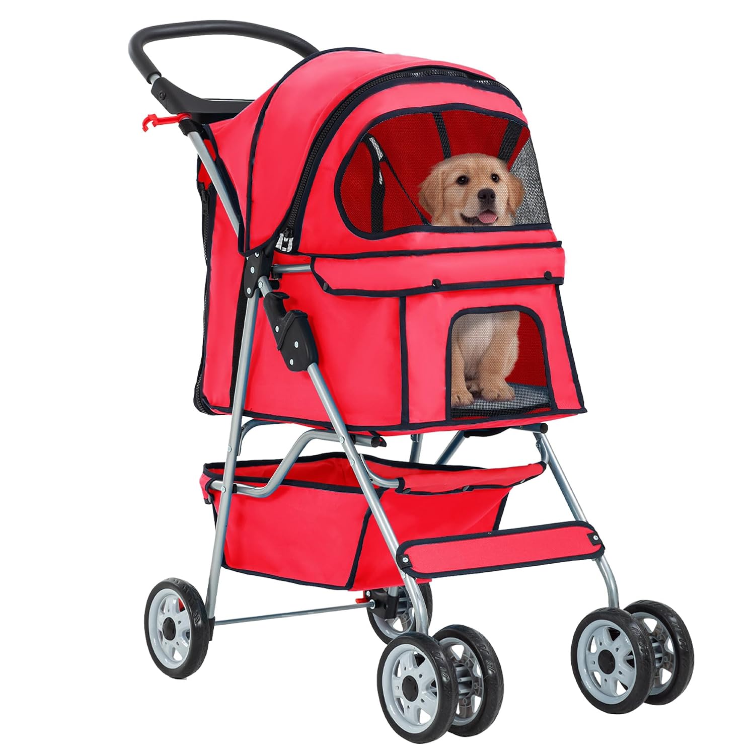 Lightweight foldable pet stroller with waterproof Oxford fabric, breathable mesh, safety brakes and storage space, ideal for walking, jogging and travelling with small dogs and cats.