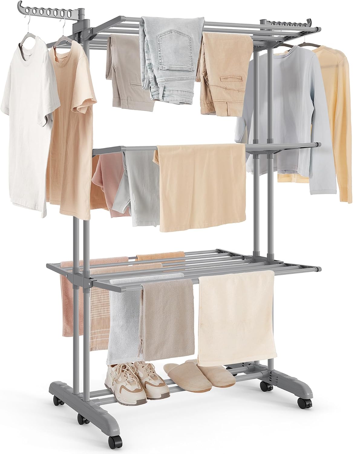 Sturdy 4‑tier foldable clothes airer with lockable castors, large drying space for indoor and outdoor laundry, holds up to 90.4 lb. 