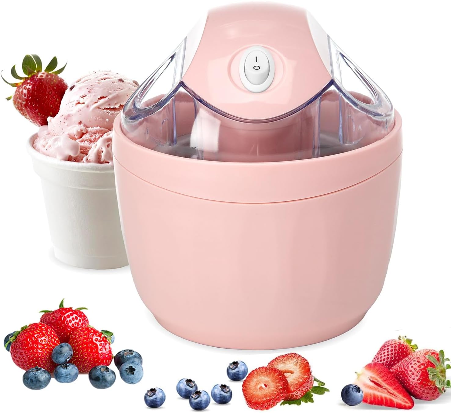 Stylish compact pink mini ice‑cream maker, no‑ice‑needed pre‑frozen bowl, fast‑create ice cream, gelato, sorbet and frozen yoghurt at home.