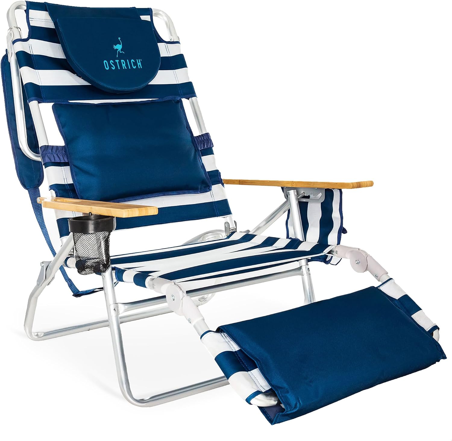 Portable reclining beach chair with face‑down feature, aluminium frame, cup holder and storage pockets for outdoor lounging and camping trips.
