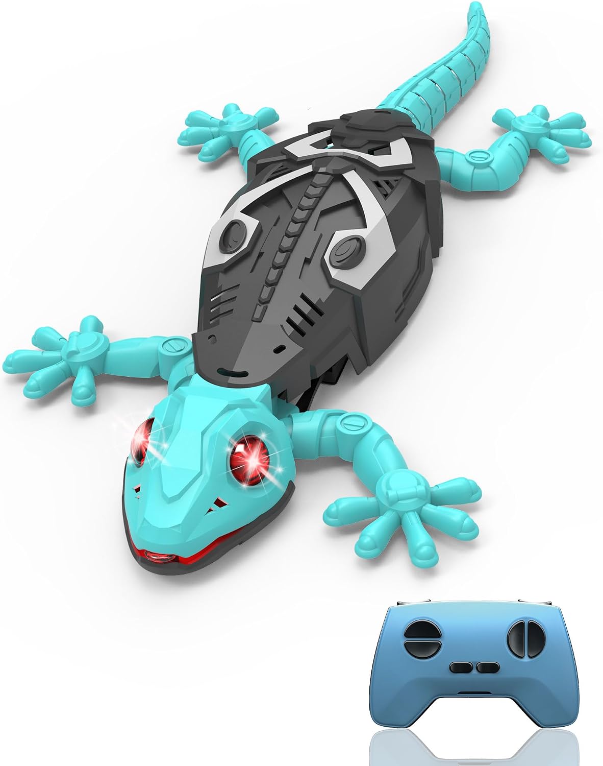 Blue remote‑controlled wall‑climbing gecko toy with glowing LED eyes, fun indoor play for kids aged 3+, makes an exciting birthday gift for boys and girls.