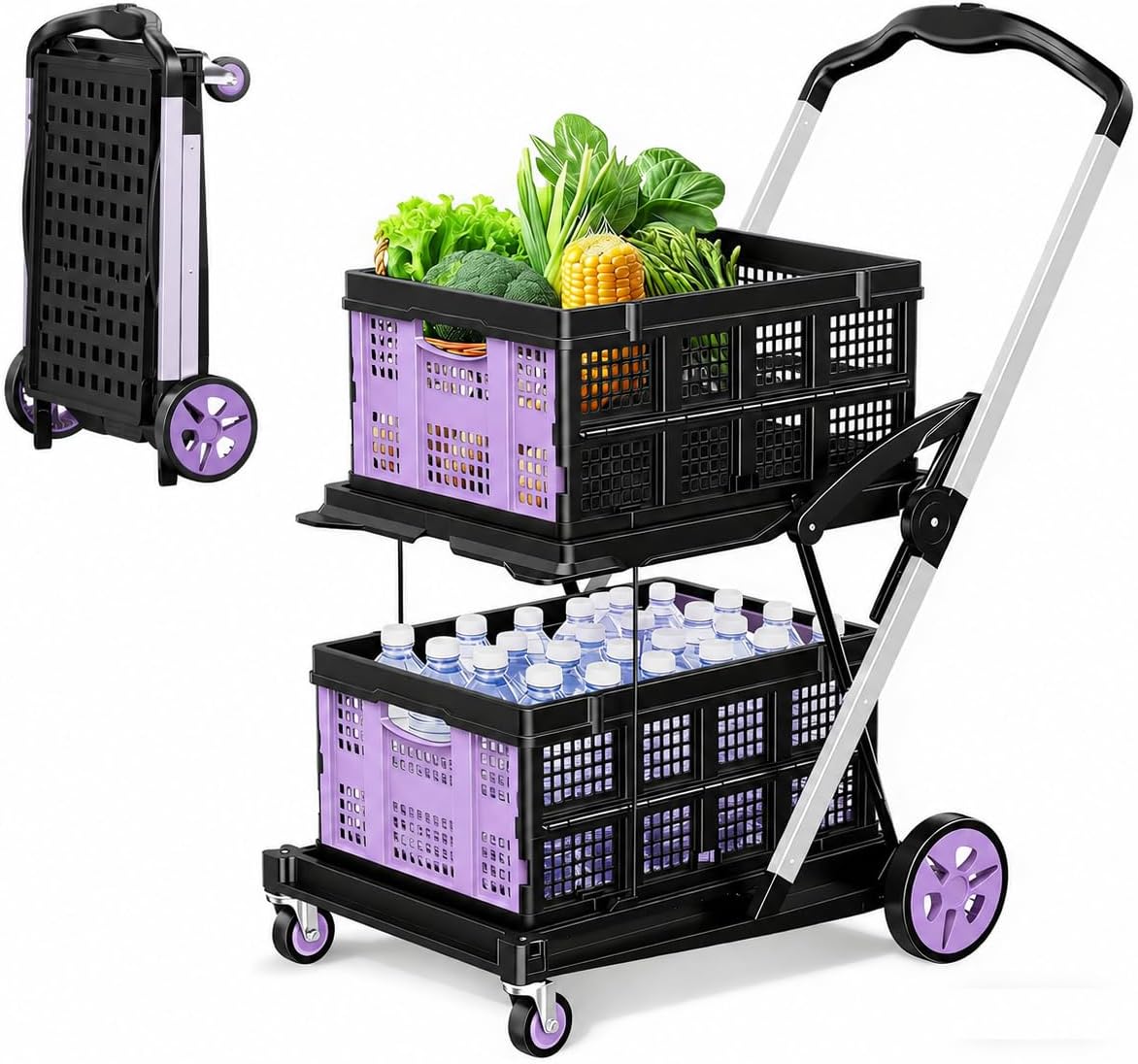 Heavy‑duty foldable shopping cart with over 200 lbs total load, secure rubber straps, collapsible baskets and space‑saving compact design for heavy grocery shopping.