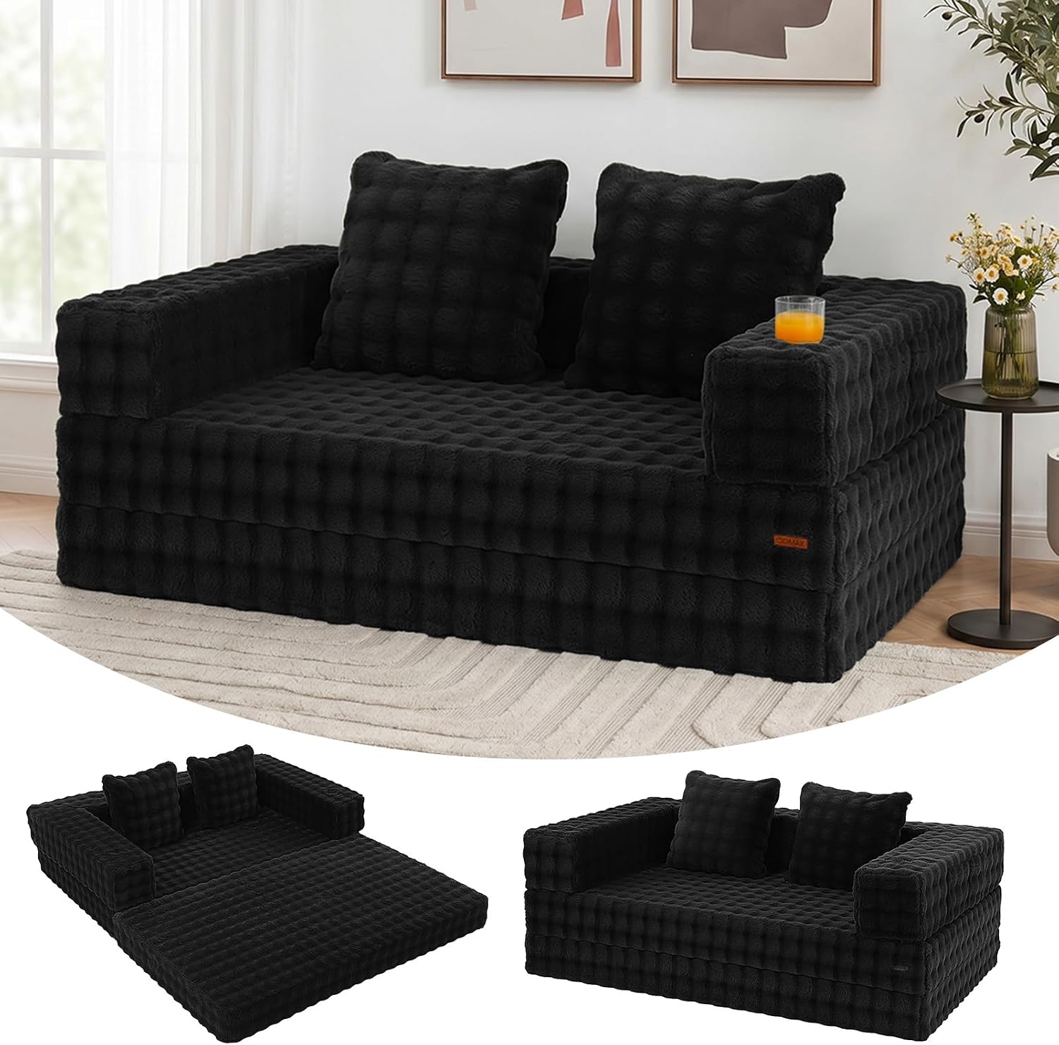 Cnmcld Boneless Futon Sofa Bed, 59" Small Low-Profile Floor Couch, Black