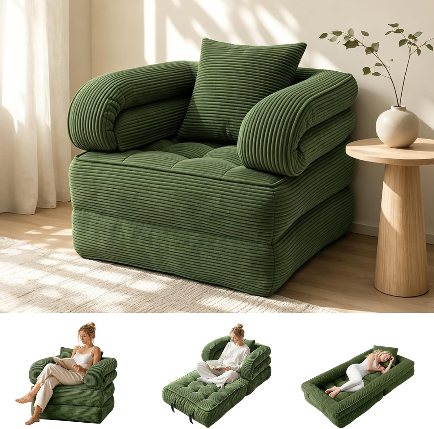 Dark‑green corduroy 3‑in‑1 foldable futon sofa bed, convertible sleeper chair with armrests and pillow for compact living‑room and bedroom use.