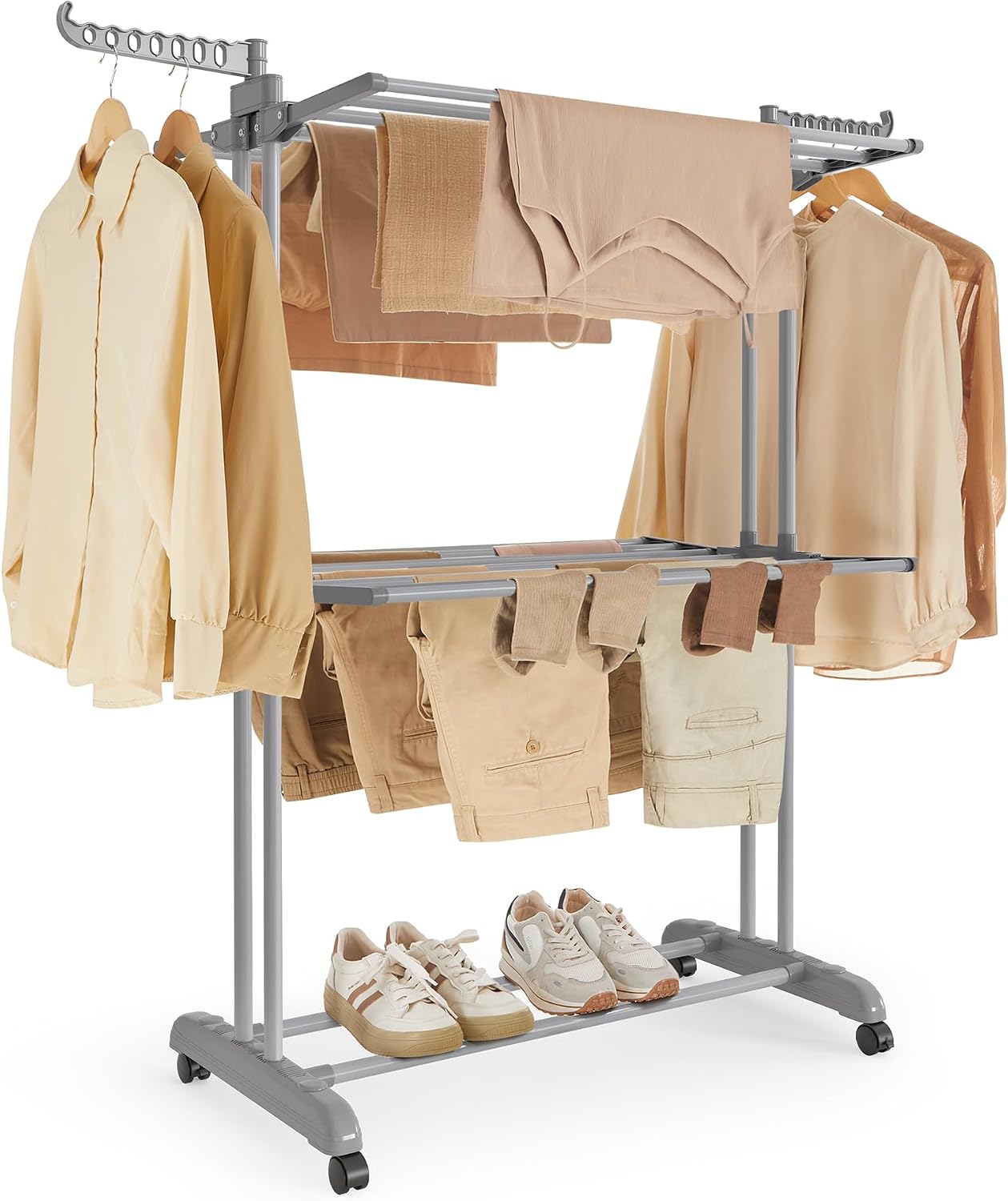 Sturdy 4‑tier foldable clothes airer with lockable castors, large drying space for indoor and outdoor laundry, holds up to 90.4 lb. 