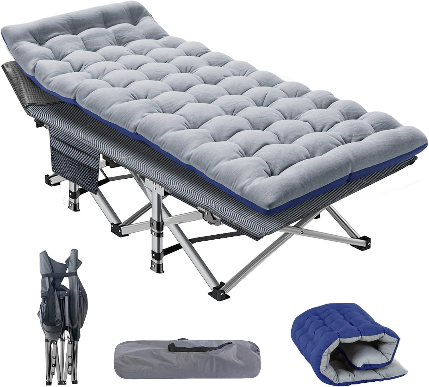 Heavy-duty folding camping cot with rust-proof steel frame and tough 1200D Oxford fabric, supporting 900lbs. Fast 10-second setup, removable dual-colour mattress and portable design for indoor and outdoor sleeping.