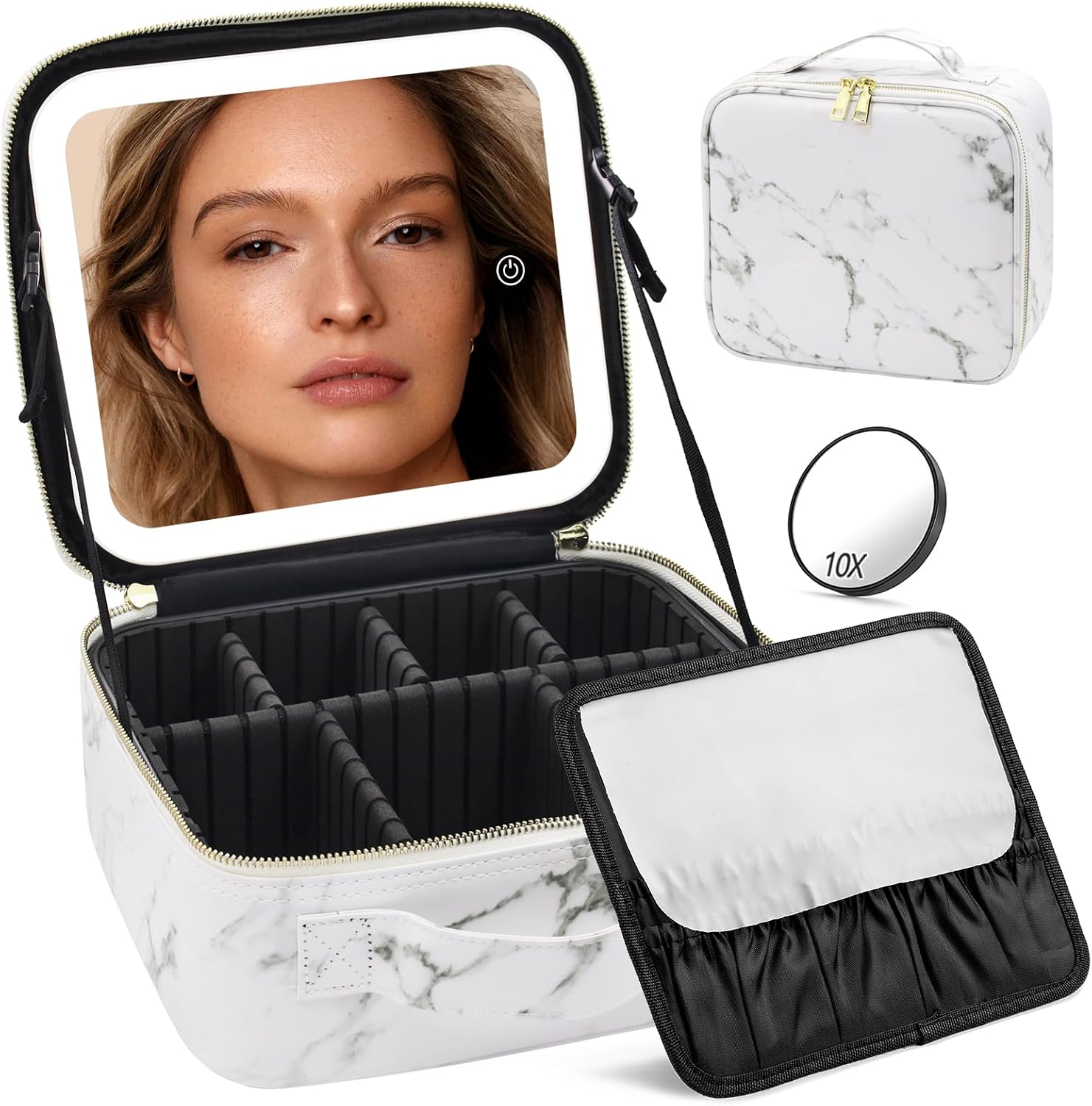 Travel‑friendly lighted makeup bag with detachable magnetic LED mirror, adjustable compartments, waterproof PU, perfect for travel and gifting.