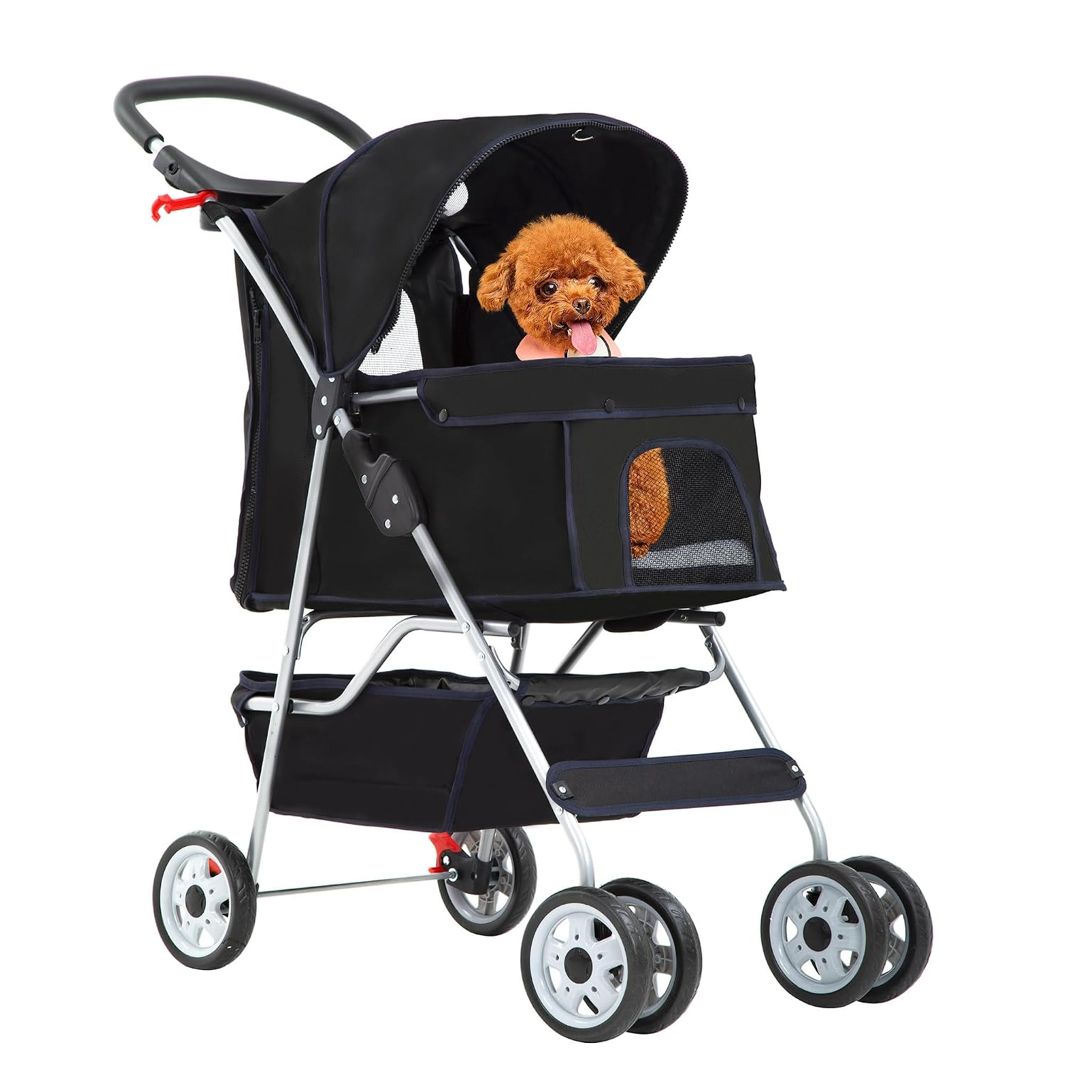Lightweight foldable pet stroller with waterproof Oxford fabric, breathable mesh, safety brakes and storage space, ideal for walking, jogging and travelling with small dogs and cats.