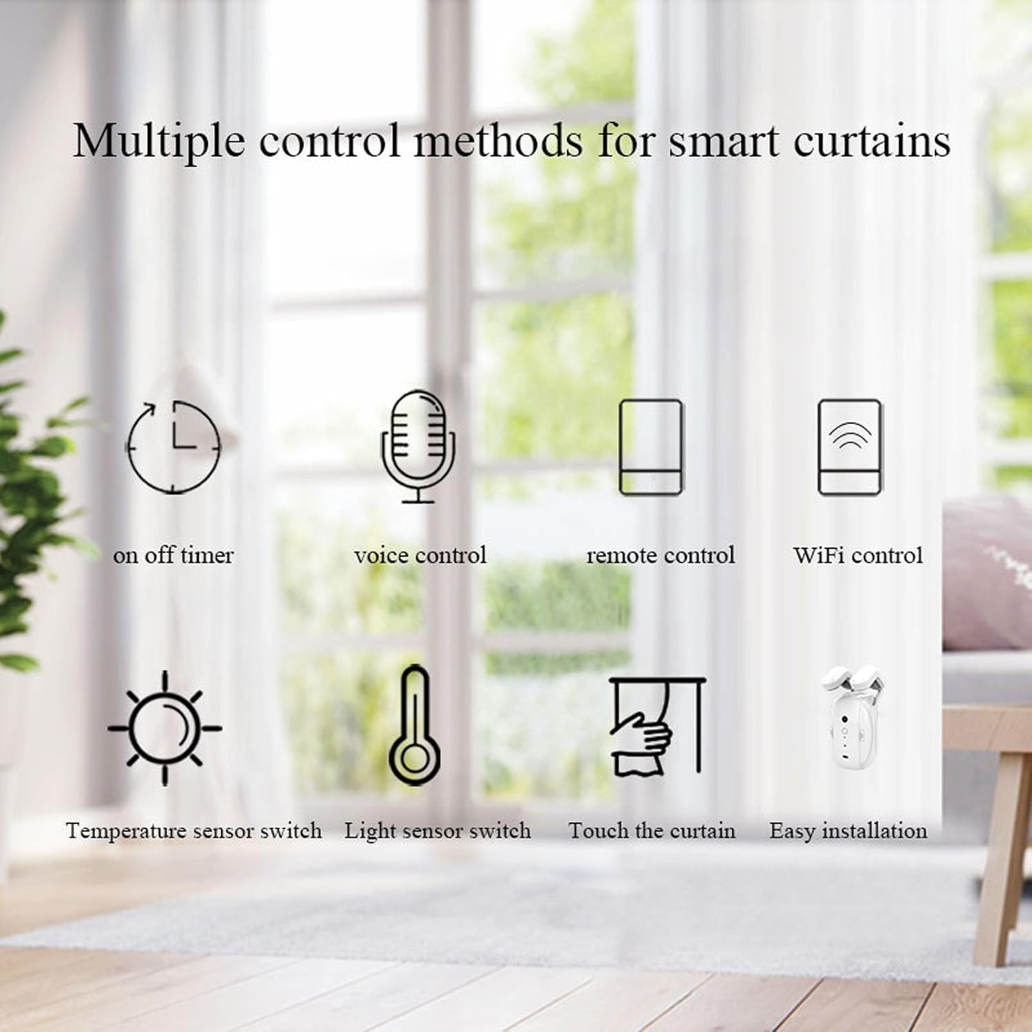 Wireless smart curtain motor with voice & app control, automatic light sensing, precise opening adjustment and ultra-quiet 25dB operation, easy wire-free installation for home automation.