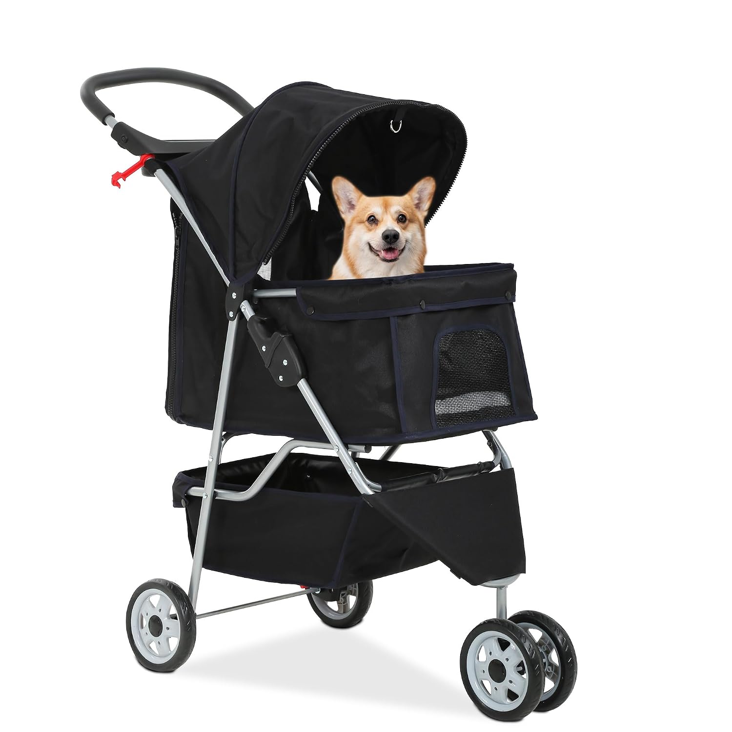 Lightweight foldable pet stroller with waterproof Oxford fabric, breathable mesh, safety brakes and storage space, ideal for walking, jogging and travelling with small dogs and cats.