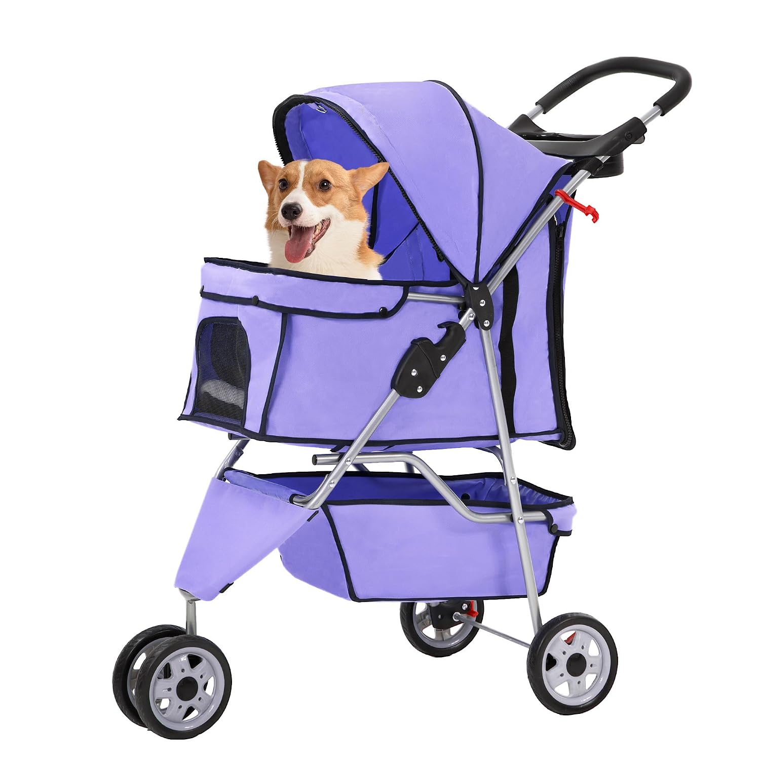 Lightweight foldable pet stroller with waterproof Oxford fabric, breathable mesh, safety brakes and storage space, ideal for walking, jogging and travelling with small dogs and cats.