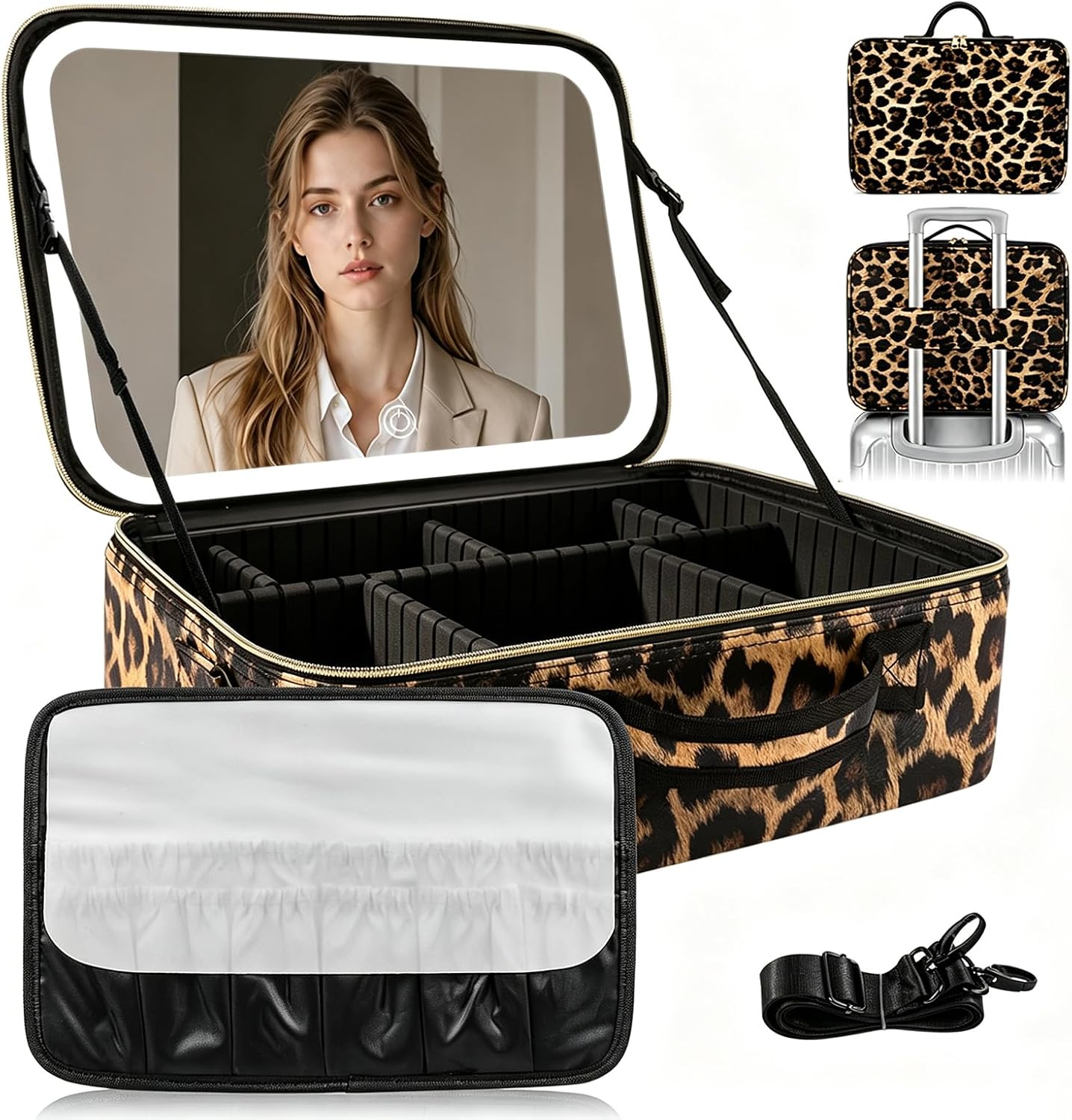 Travel‑friendly lighted makeup bag with detachable magnetic LED mirror, adjustable compartments, waterproof PU, perfect for travel and gifting.