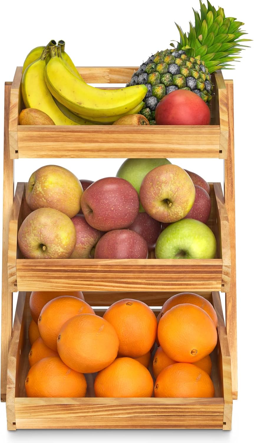 This spacious natural bamboo fruit storage rack creates an eye‑catching kitchen centrepiece, holding fruit, vegetables and bread with quick simple assembly.