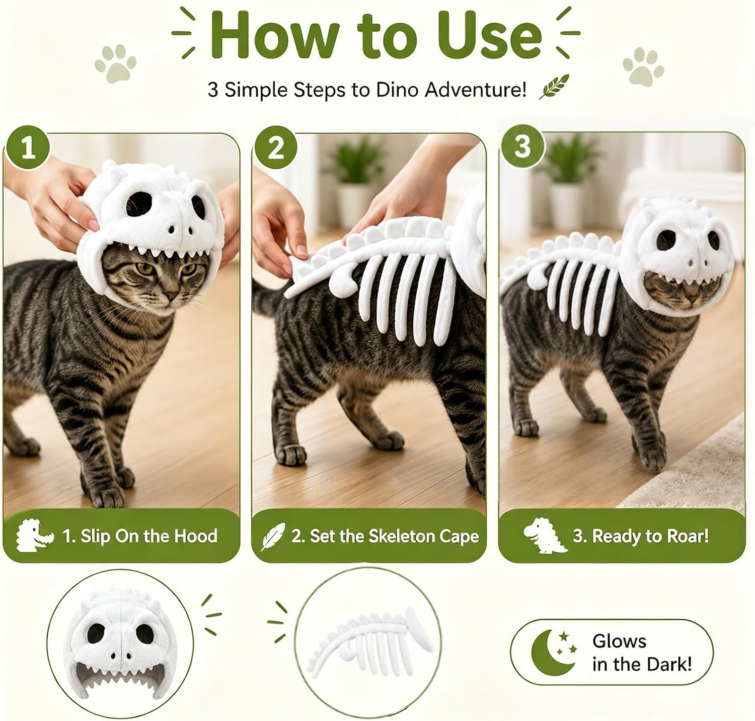 Soft plush glow‑in‑the‑dark dinosaur skeleton hooded outfit, fun eye‑catching Halloween costume ideal for cats for party and photo moments.