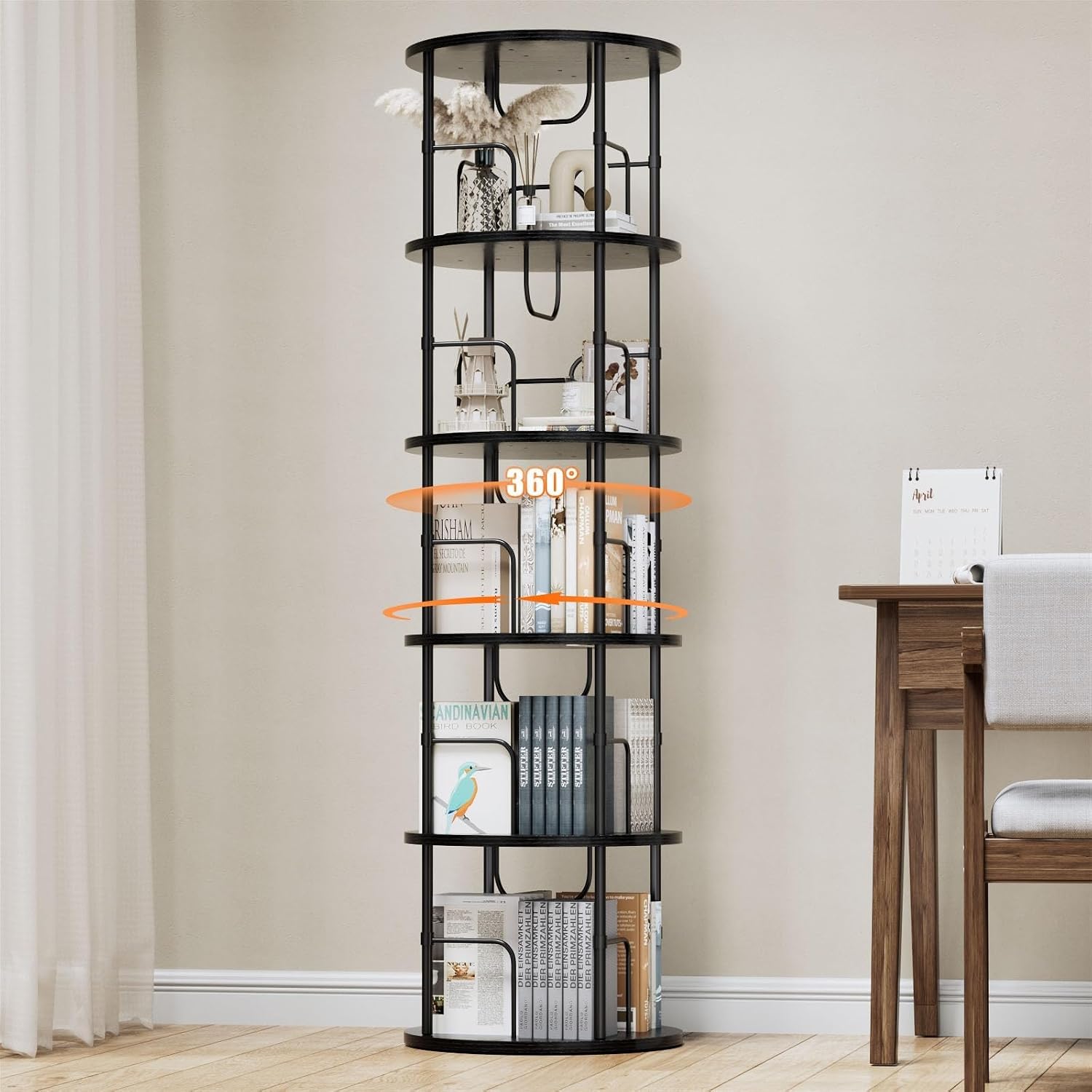 360‑degree rotating 5‑tier bookshelf crafted from robust MDF with metal frame. Customisable assembly, large capacity for books and decor, rounded safe edges, ideal storage for living rooms and bedrooms.