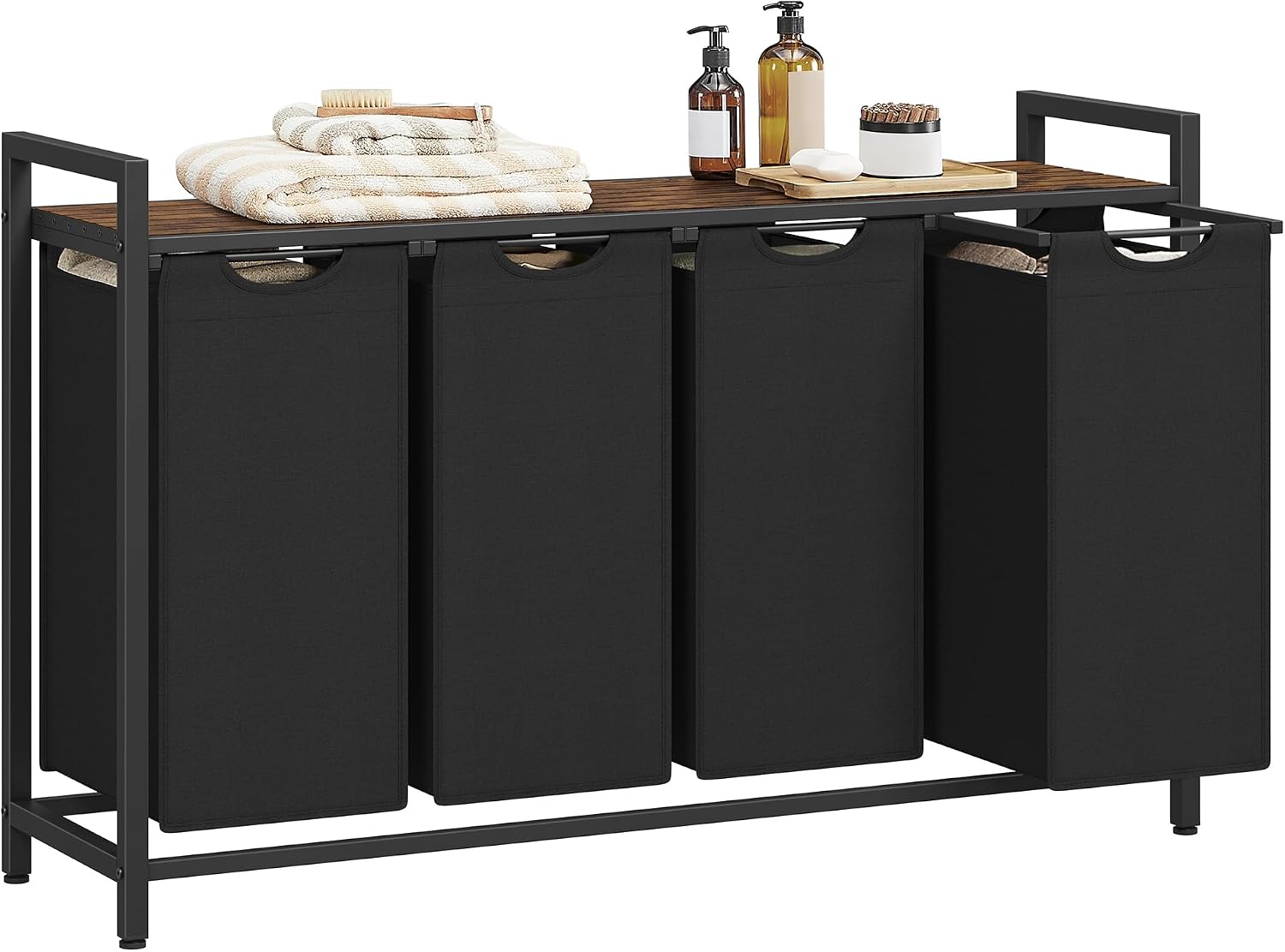 Laundry hamper with ventilated top shelf, removable washable fabric bags, robust steel‑MDF frame holding 44 lbs and adjustable feet for tidy bedroom, bathroom and utility‑room storage.