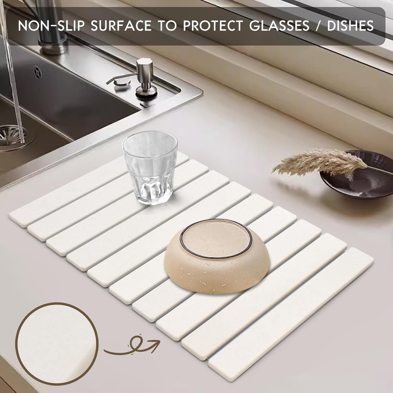 Large foldable diatomaceous‑earth dish drying mat, highly absorbent and quick‑drying, eco‑friendly design for cups, bottles and tableware, suits most kitchen countertops.