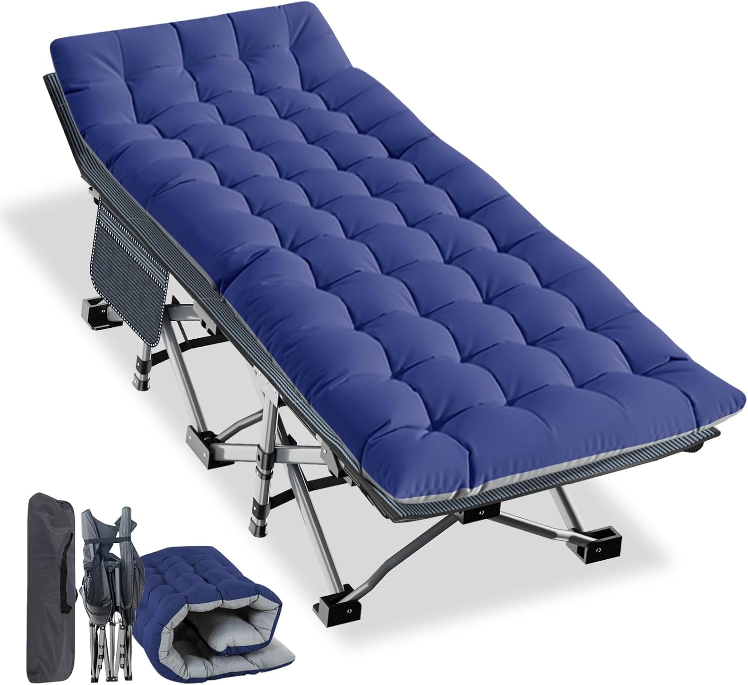 Heavy-duty folding camping cot with rust-proof steel frame and tough 1200D Oxford fabric, supporting 900lbs. Fast 10-second setup, removable dual-colour mattress and portable design for indoor and outdoor sleeping.
