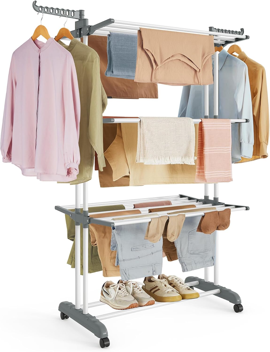 Sturdy 4‑tier foldable clothes airer with lockable castors, large drying space for indoor and outdoor laundry, holds up to 90.4 lb. 